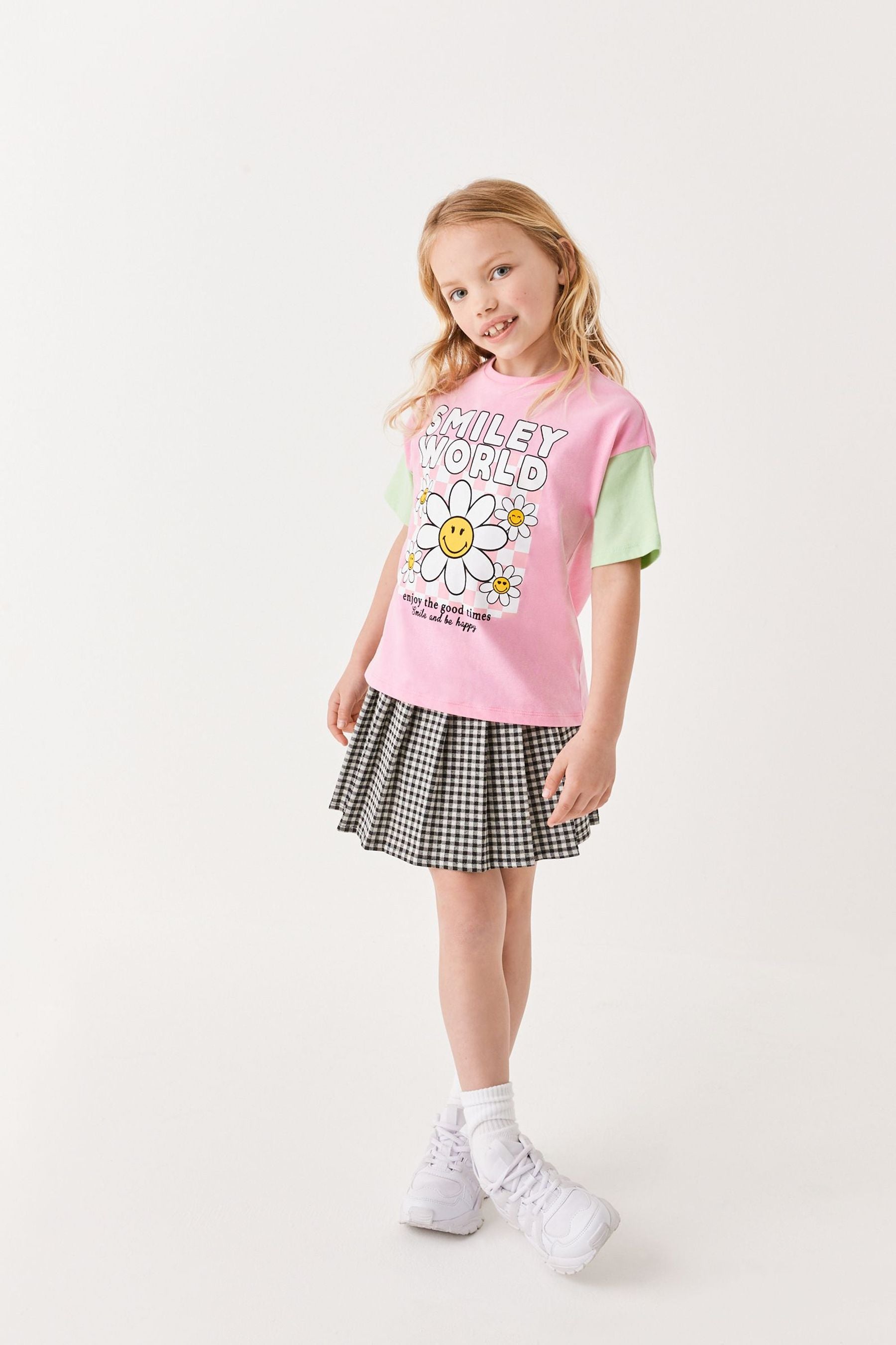 Pink/Green Smiley World Glitter Flower Colourblock T-Shirt (3-16yrs)