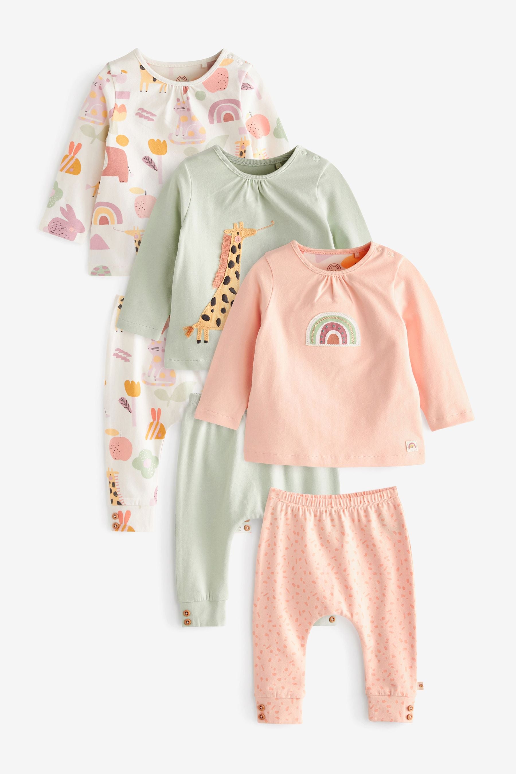 Mint Green/Pink Baby Animal 6 Piece Baby T-Shirts and Leggings Set