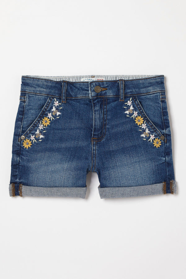 FatFace Blue Floral Embroidered Denim Shorts