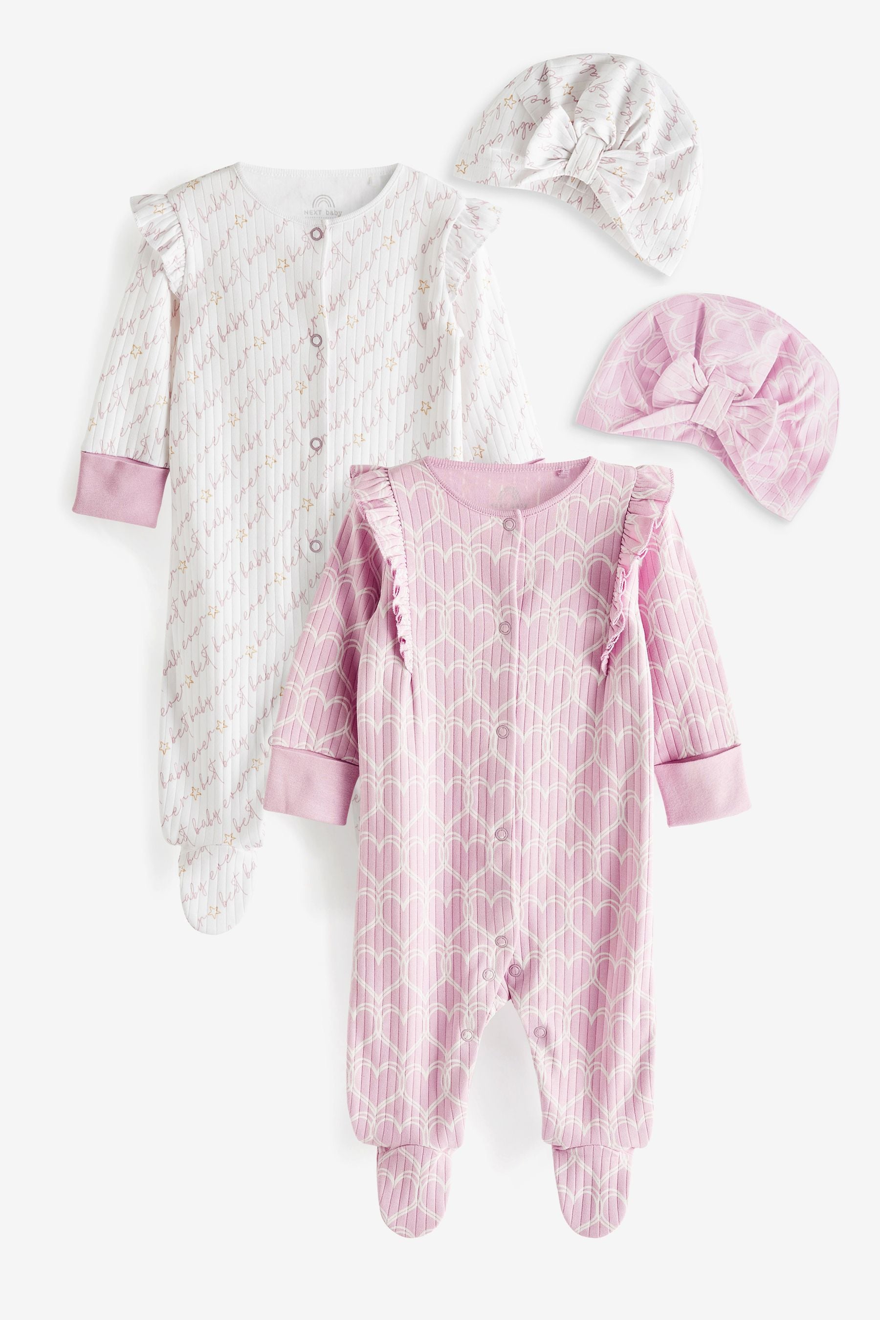 Pink Hearts Baby Sleepsuit and Turban 4 Piece Set (0mths-2yrs)