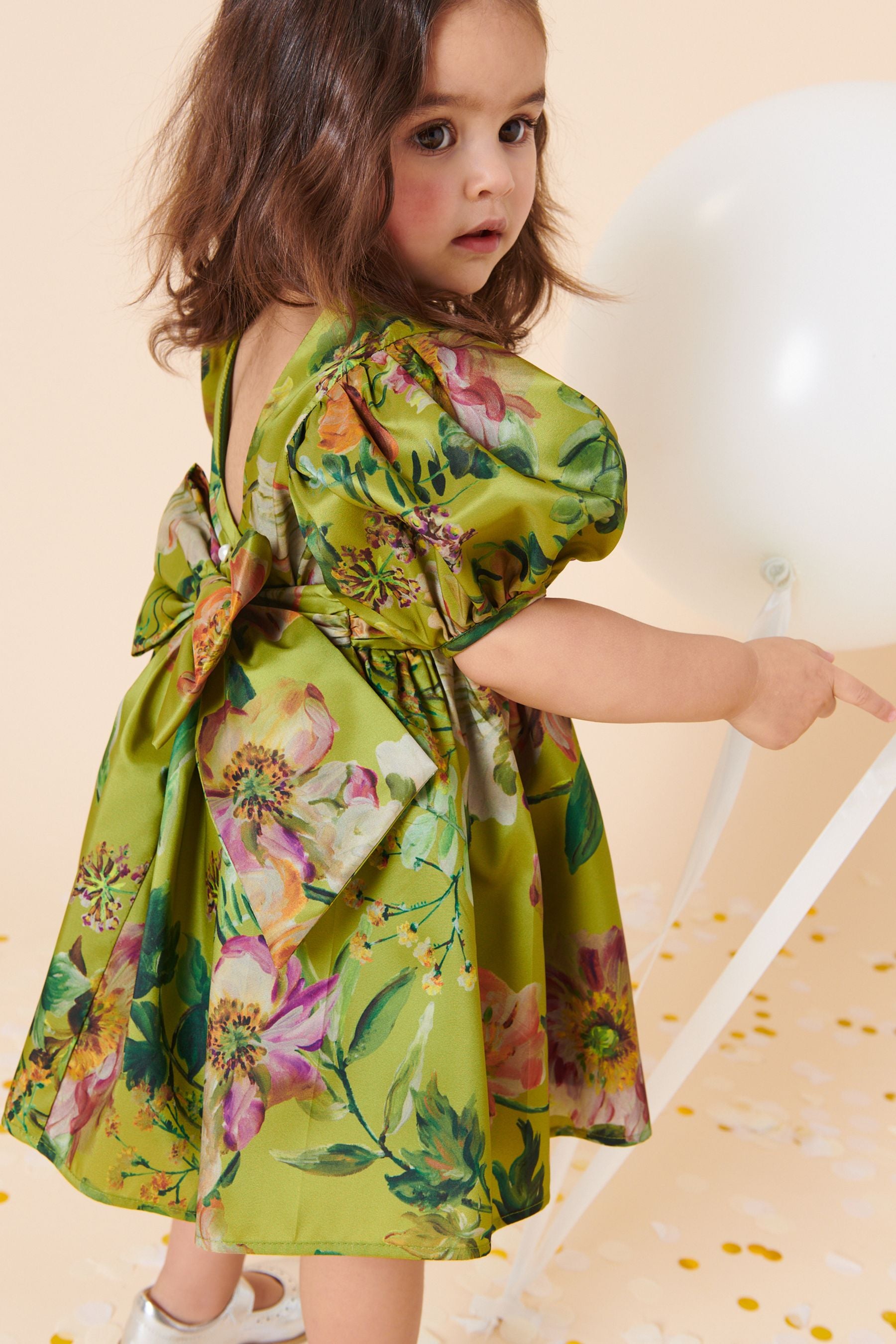 Olive Green Floral Print Taffeta Dress (3mths-8yrs)