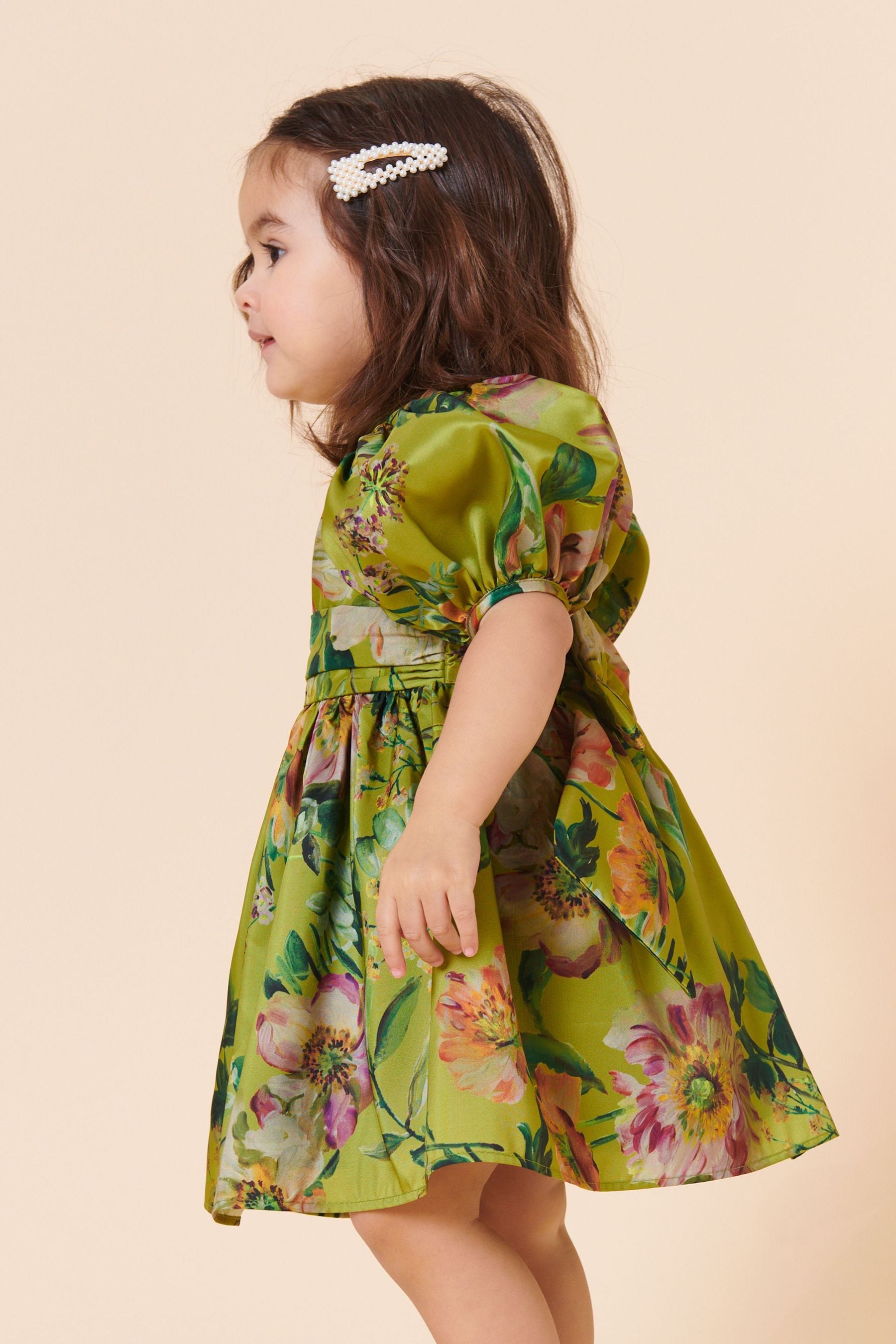 Olive Green Floral Print Taffeta Dress (3mths-8yrs)