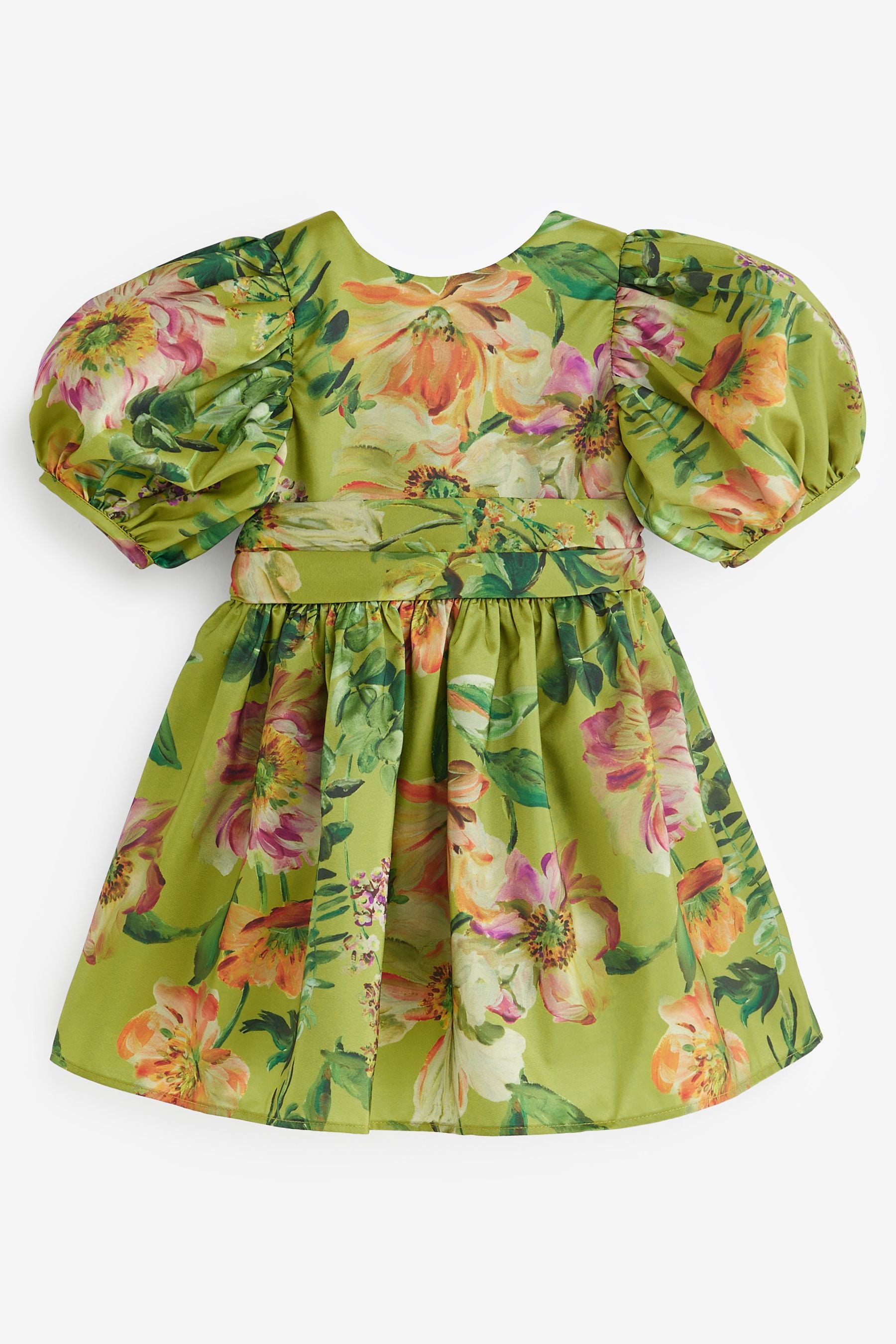 Olive Green Floral Print Taffeta Dress (3mths-8yrs)