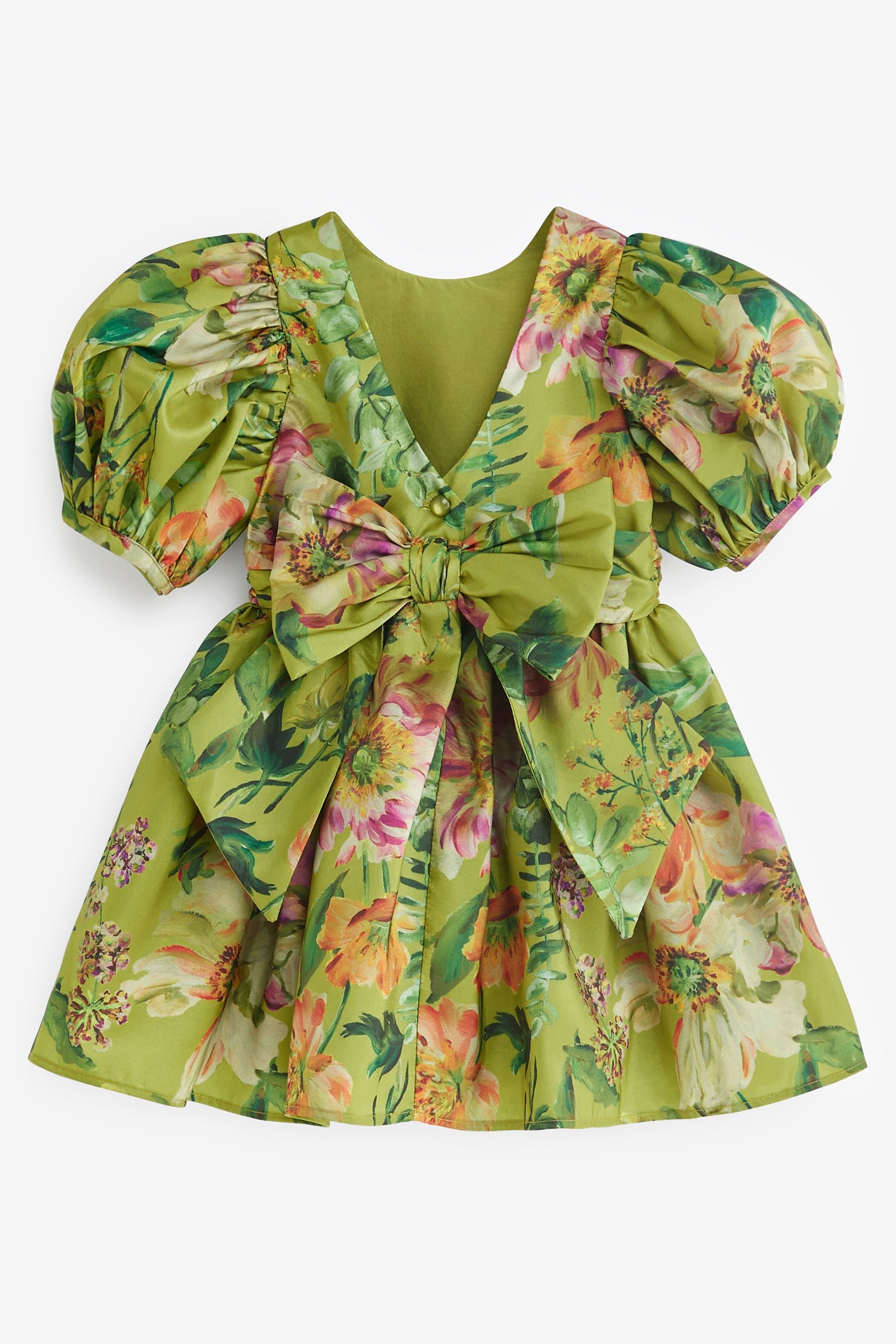 Olive Green Floral Print Taffeta Dress (3mths-8yrs)