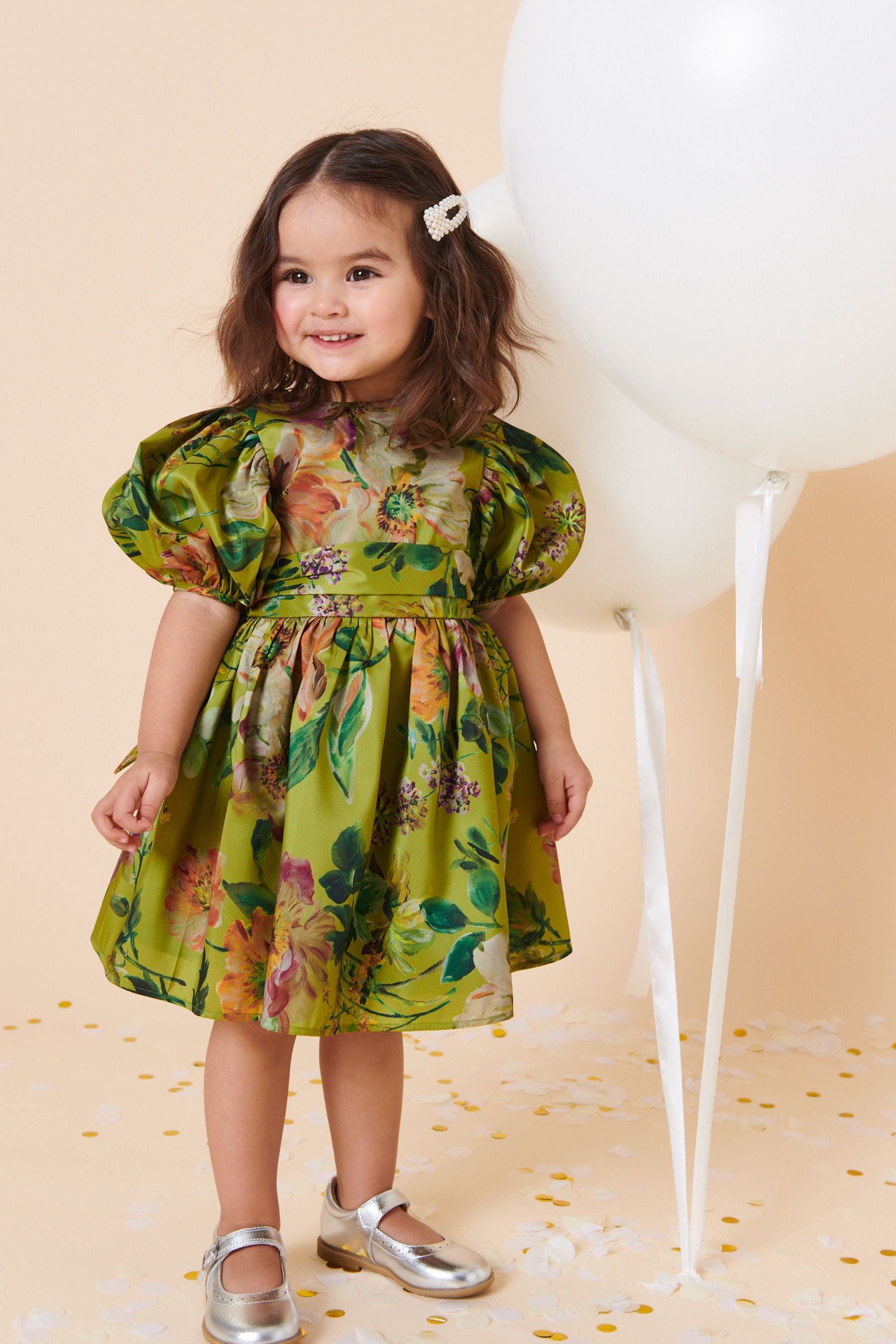 Olive Green Floral Print Taffeta Dress (3mths-8yrs)