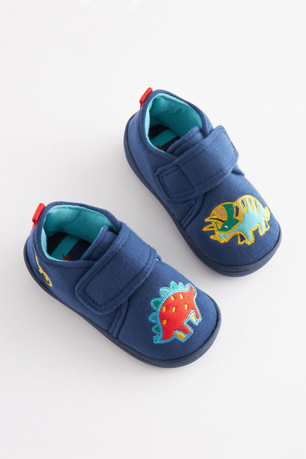 Navy Blue Dino Touch Fastening Cupsole Print Slippers