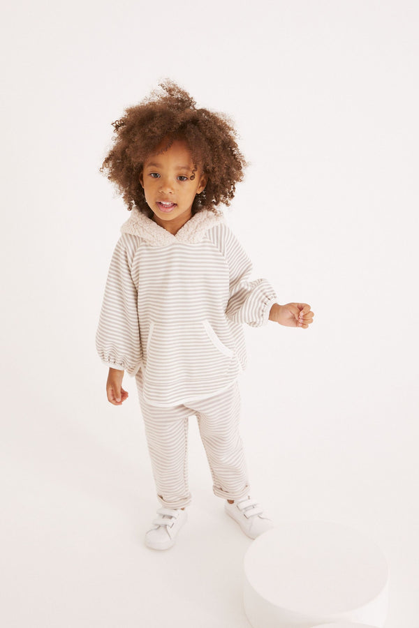 Beige Natural Stripe Borg Hoodie And Joggers Set (3mths-7yrs)