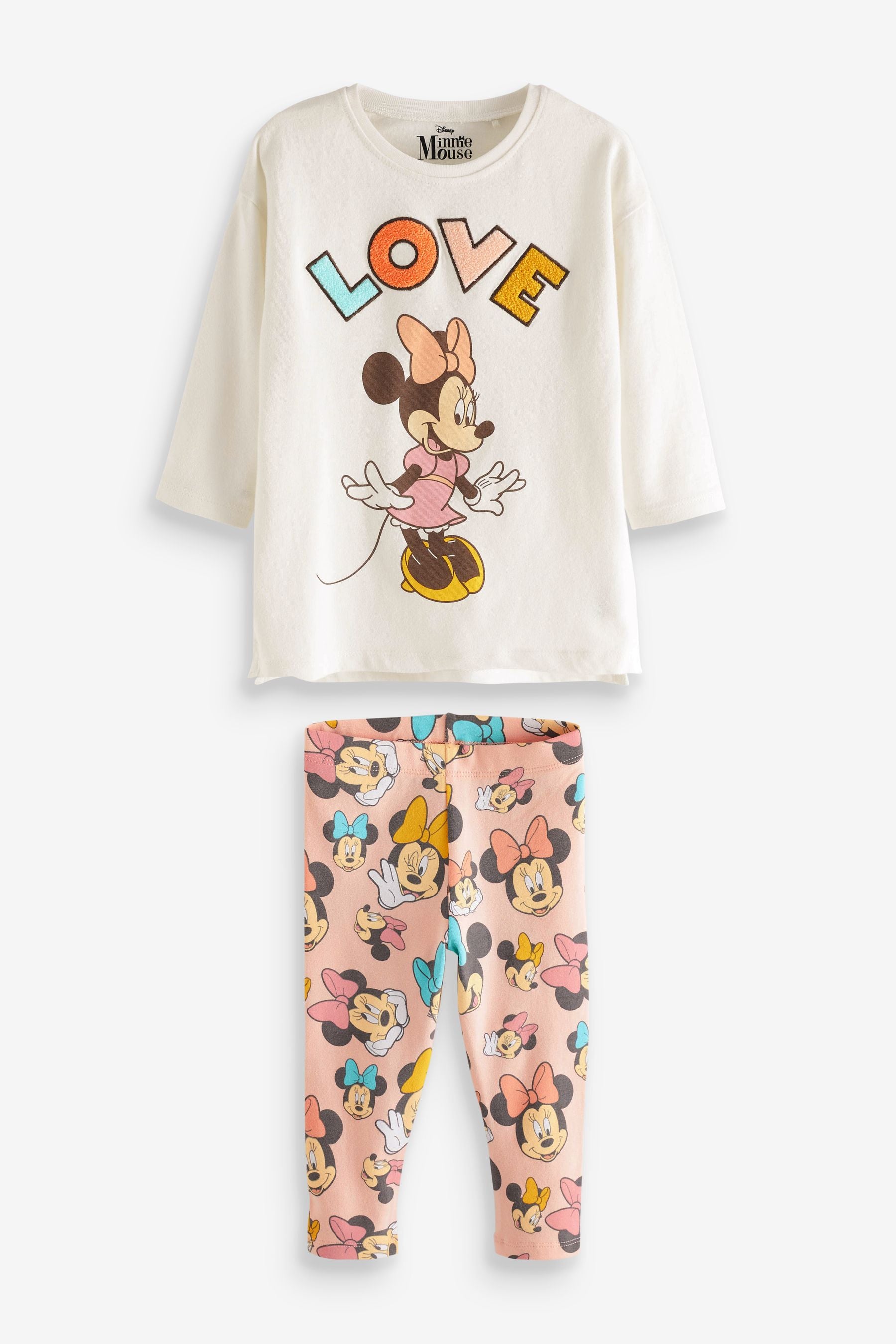 Ecru/Pink Minnie Mouse Cotton T-Shirt And Leggings Set (3mths-7yrs)