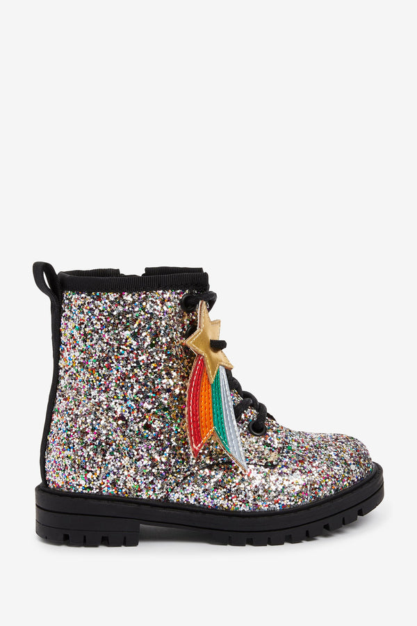 Silver Rainbow Glitter Lace-Up Boots