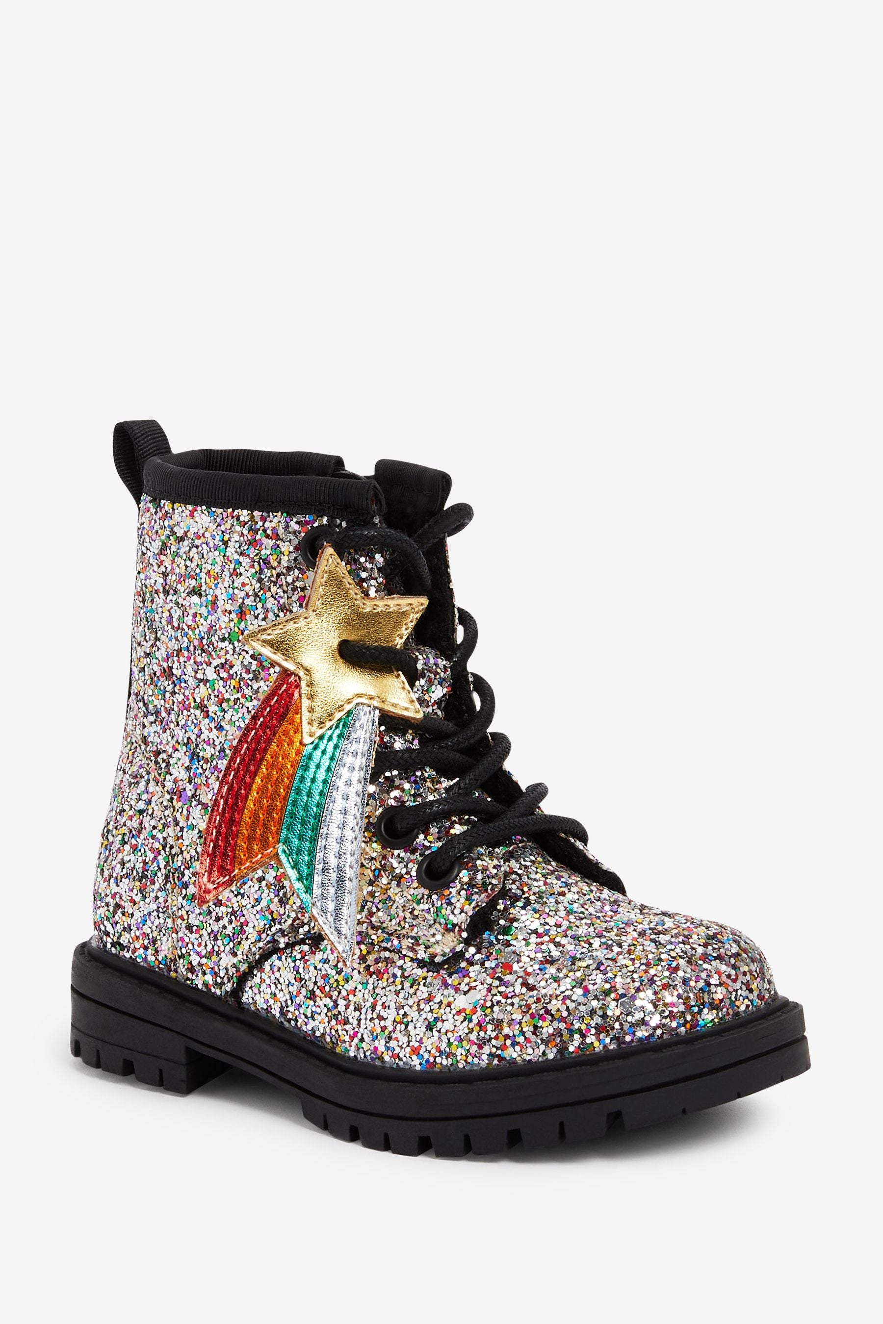 Silver Rainbow Glitter Lace-Up Boots