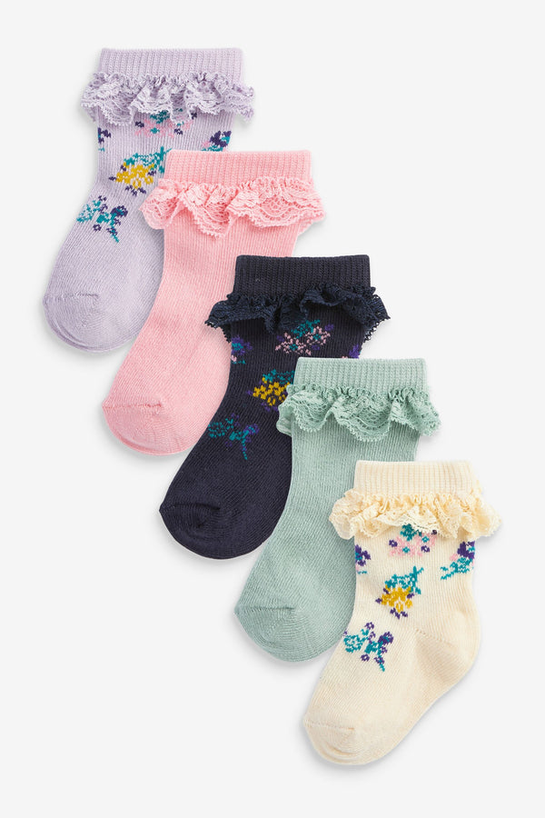 Bright Pink/Blue Floral Frill 5 Pack Baby Socks (0mths-2yrs)