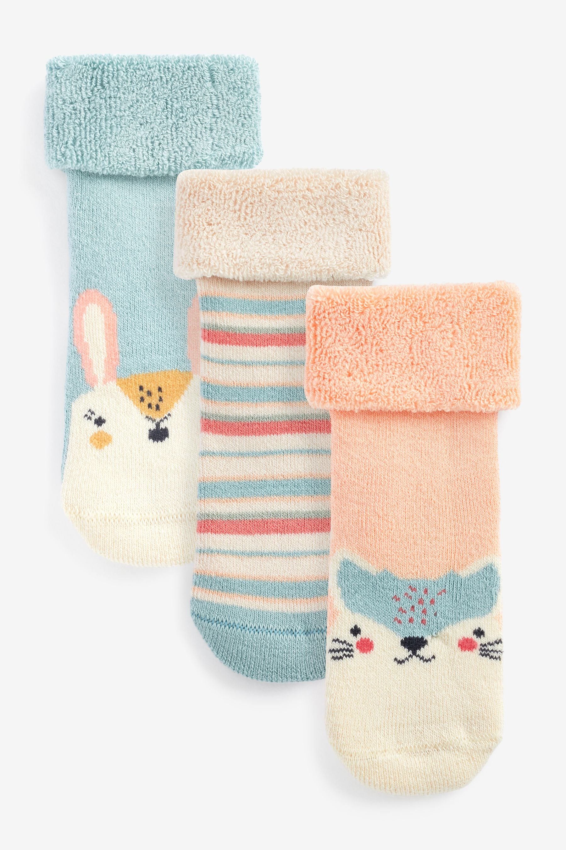 Pink/Mint Green Cat 3 Pack Towelling Baby Socks (0mths-2yrs)