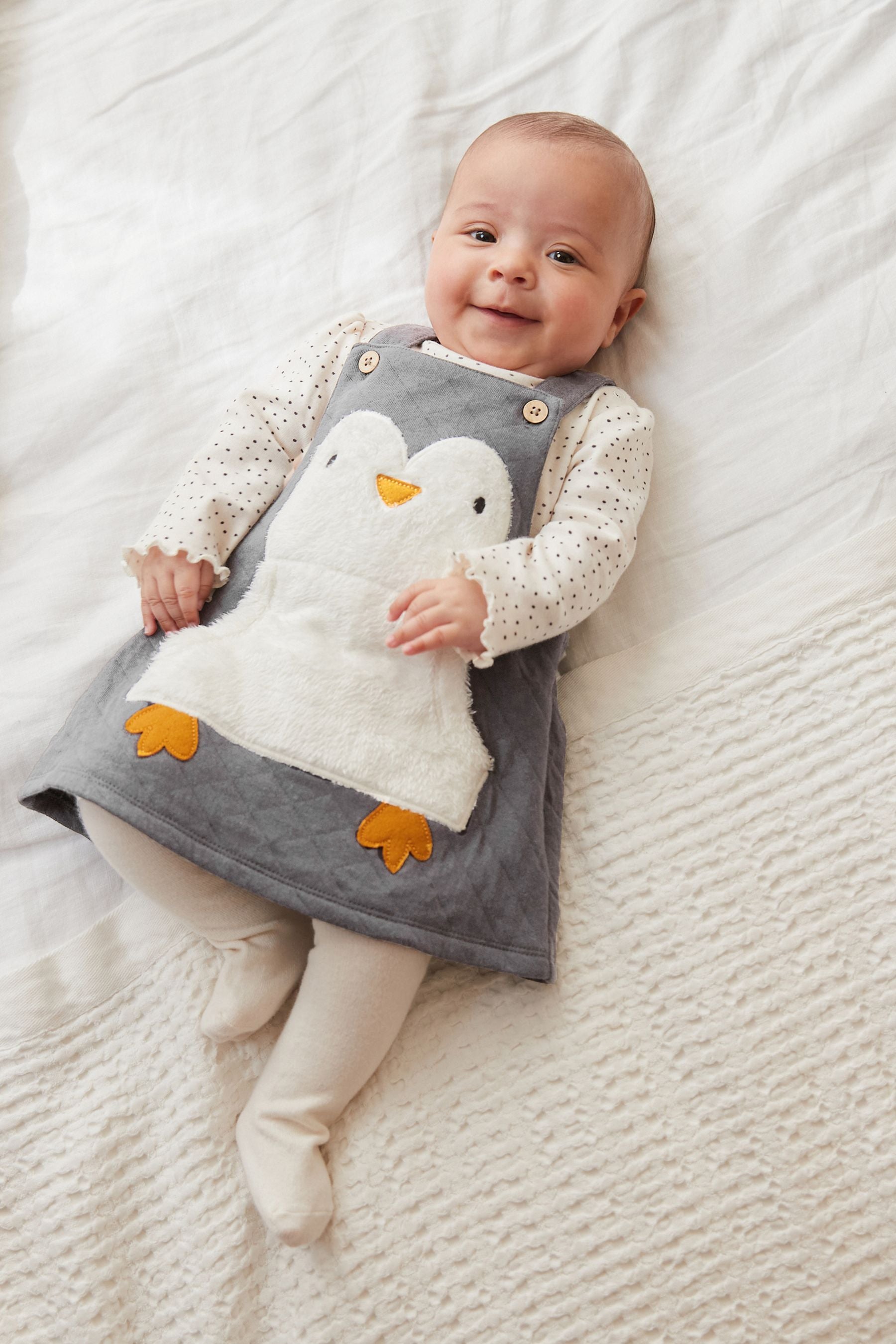 Grey Penguin Baby Pinafore Dress And Bodysuit Set (0mths-2yrs)