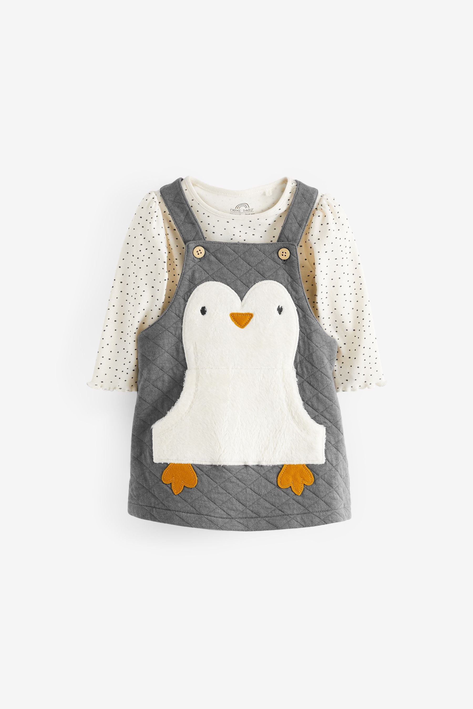 Grey Penguin Baby Pinafore Dress And Bodysuit Set (0mths-2yrs)