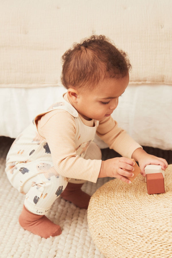 Brown/Cream Bunny Print Baby Dungarees And Bodysuit (0mths-3yrs)