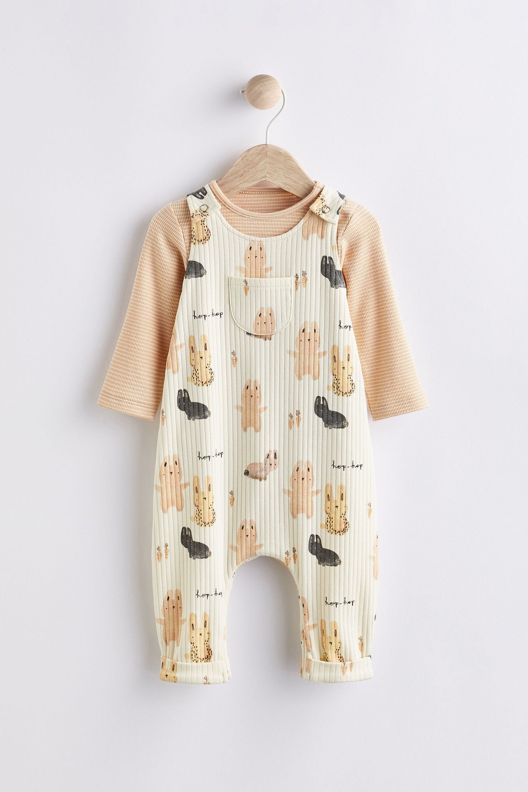 Brown/Cream Bunny Print Baby Dungarees And Bodysuit (0mths-3yrs)