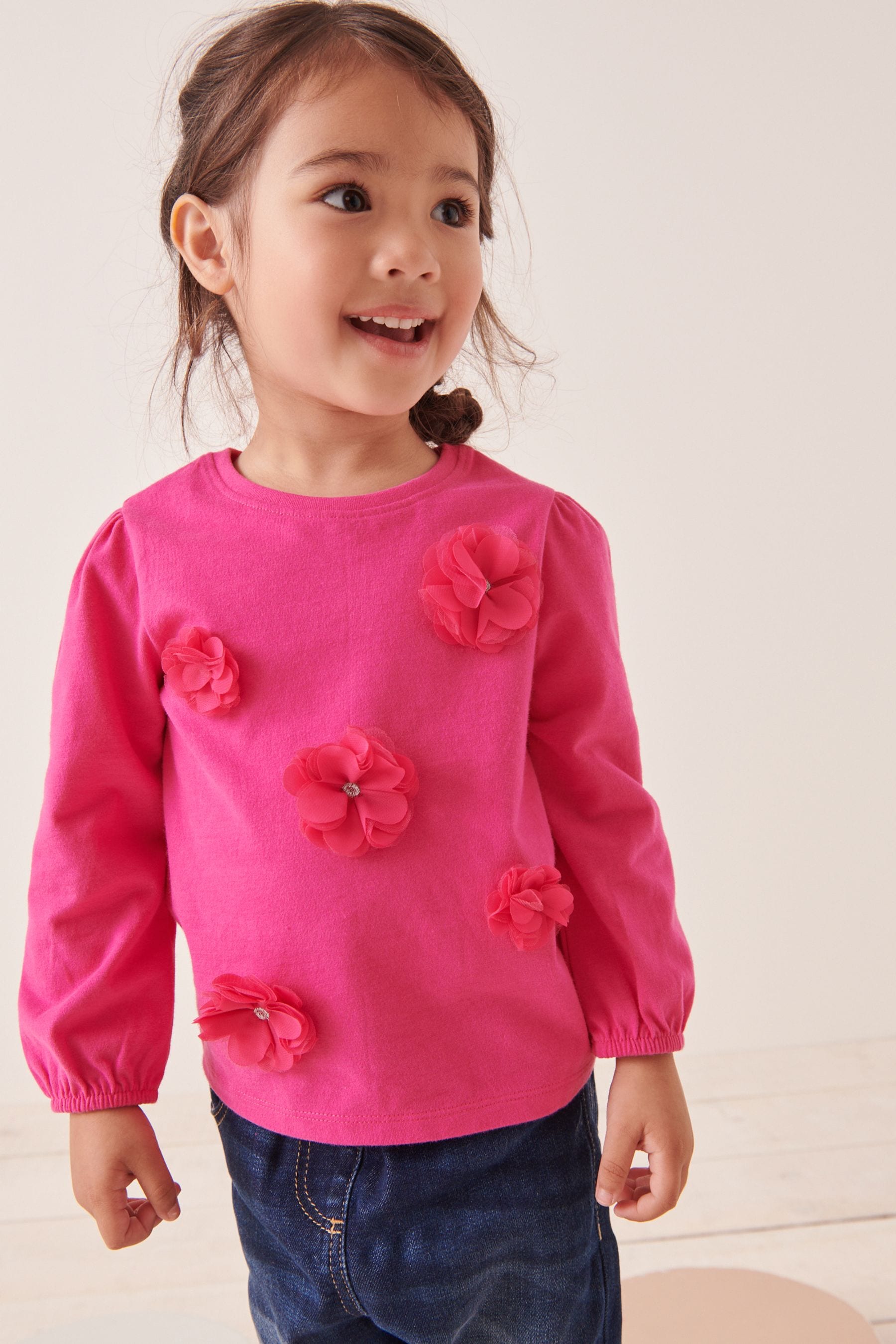 Bright Pink Long Sleeve Corsage Top (3mths-7yrs)