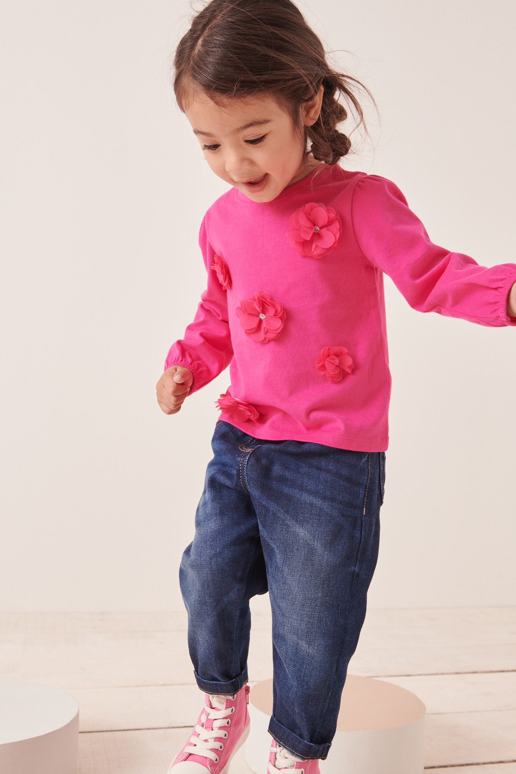 Bright Pink Long Sleeve Corsage Top (3mths-7yrs)