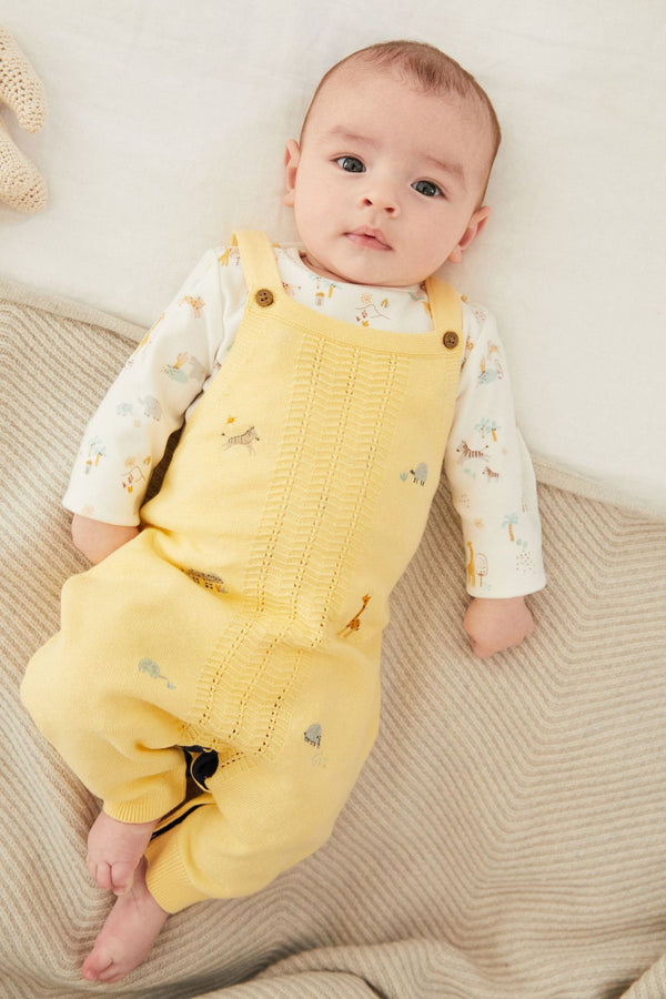 Lemon Yellow Animal Embroidery Baby Knitted Dungarees And Bodysuit (0mths-2yrs)