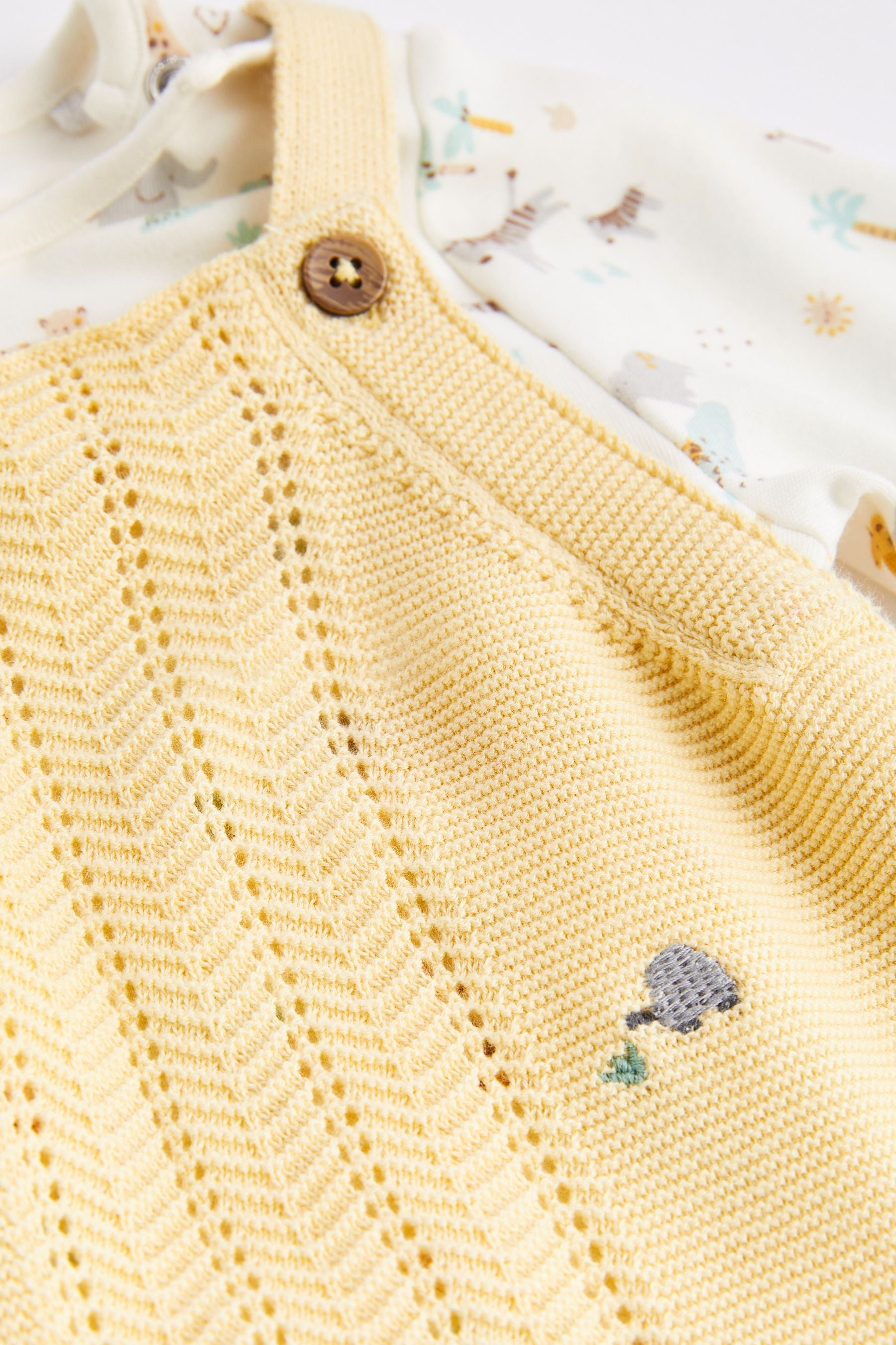 Lemon Yellow Animal Embroidery Baby Knitted Dungarees And Bodysuit (0mths-2yrs)