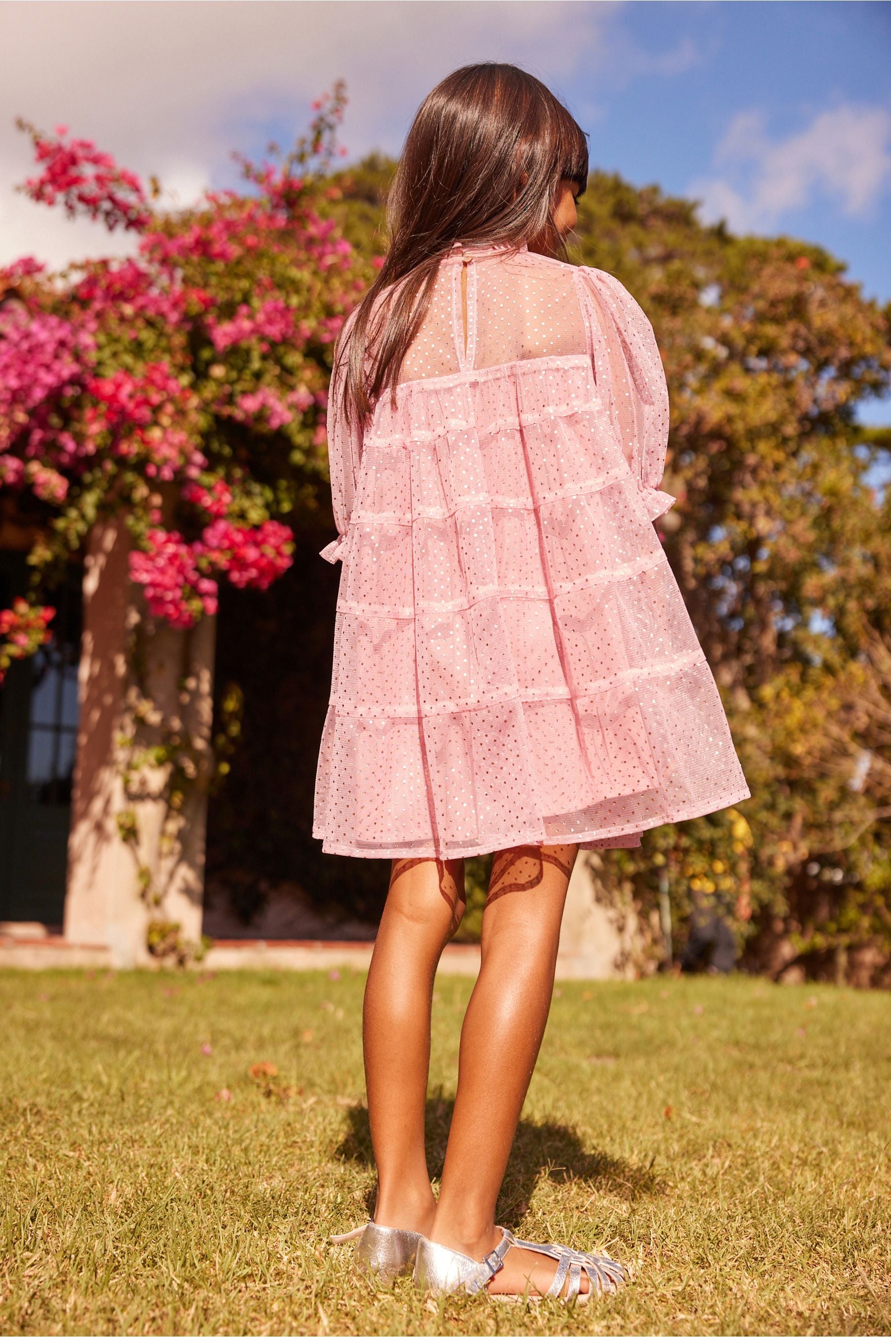 Pink Metallic Spot Print Tiered Dress (3-16yrs)