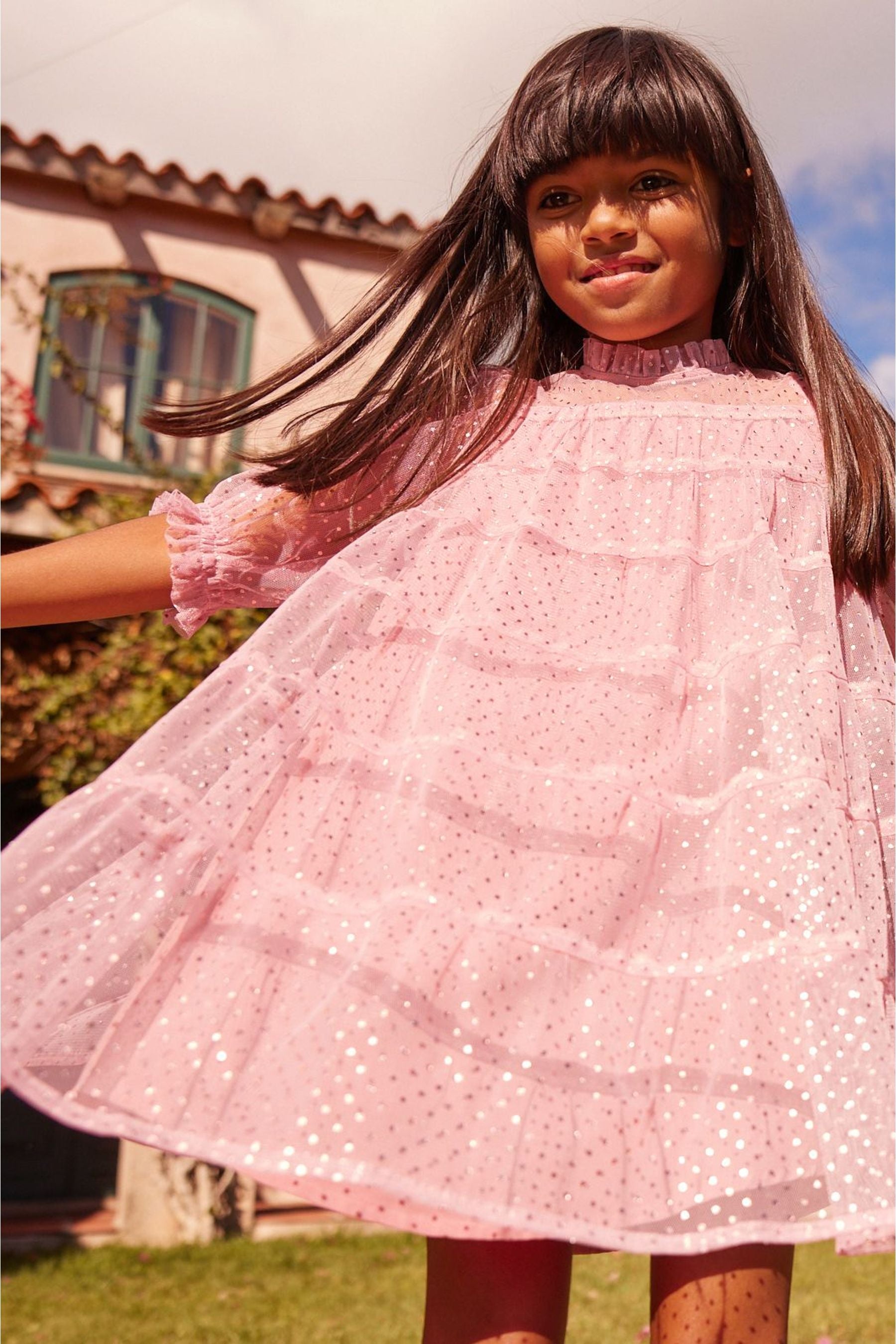 Pink Metallic Spot Print Tiered Dress (3-16yrs)