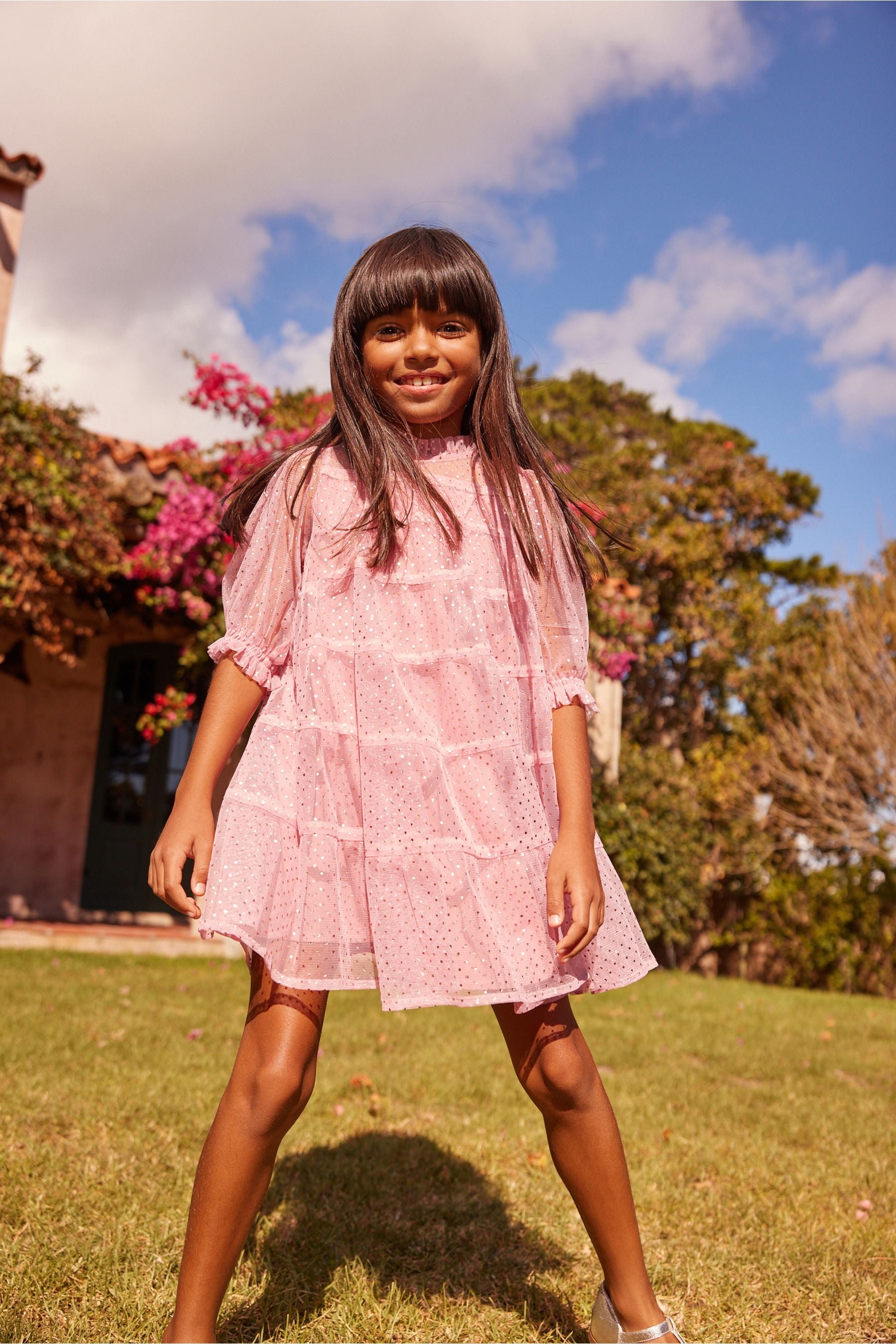 Pink Metallic Spot Print Tiered Dress (3-16yrs)