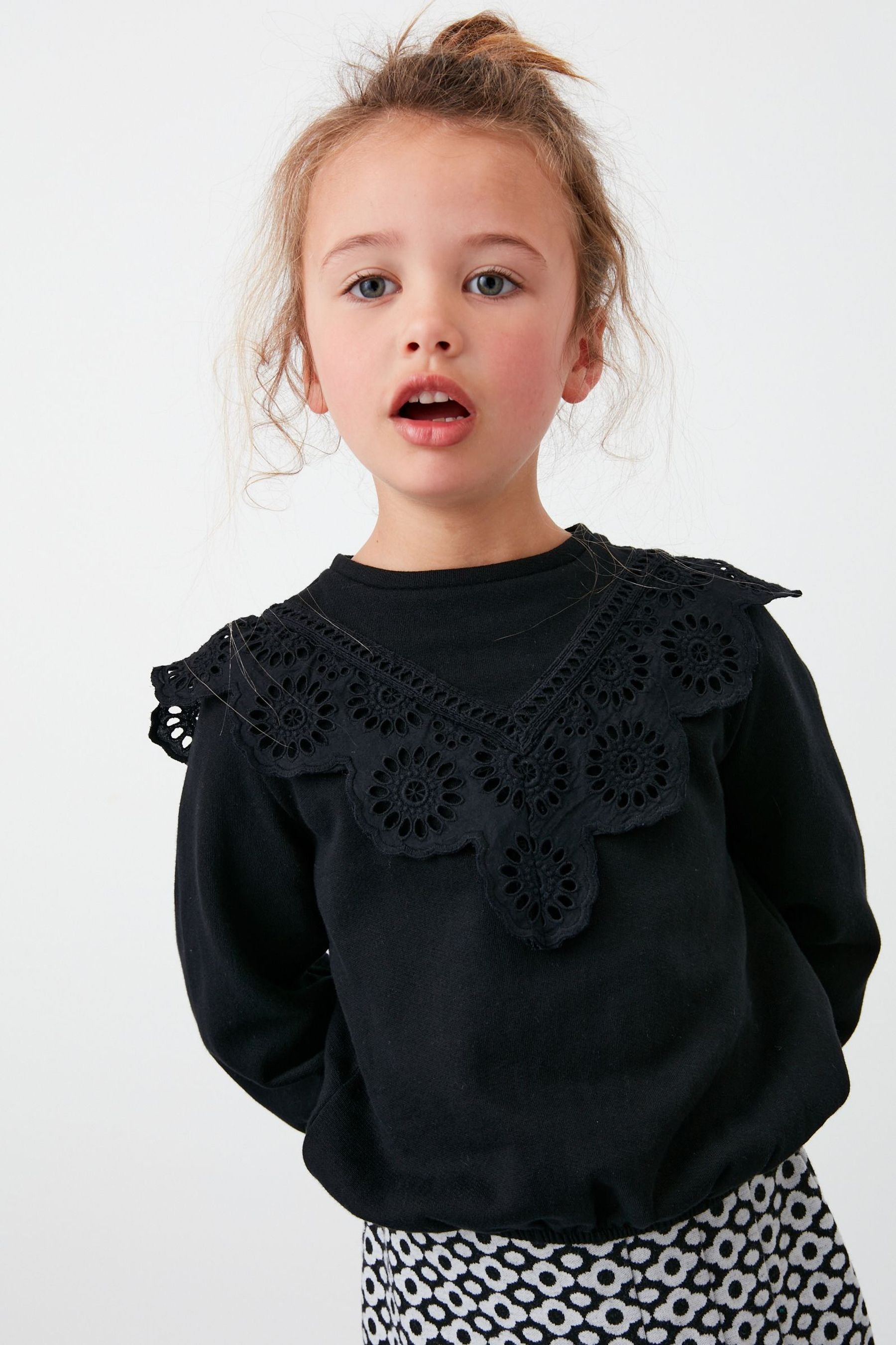 Black Broderie Edge Sweatshirt (3-16yrs)