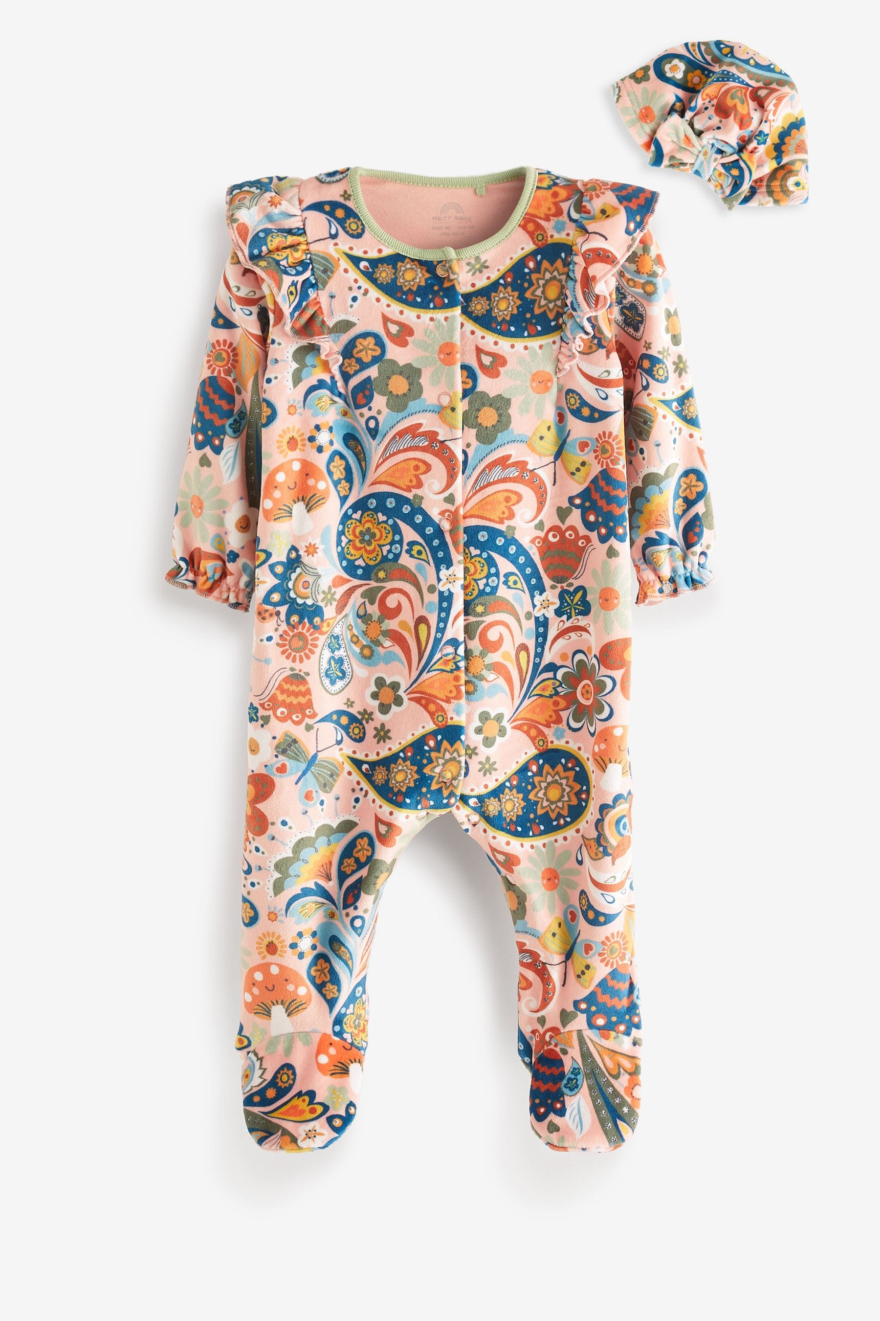 Pink Paisley Velour Baby Sleepsuit And Turban Hat (0-3yrs)