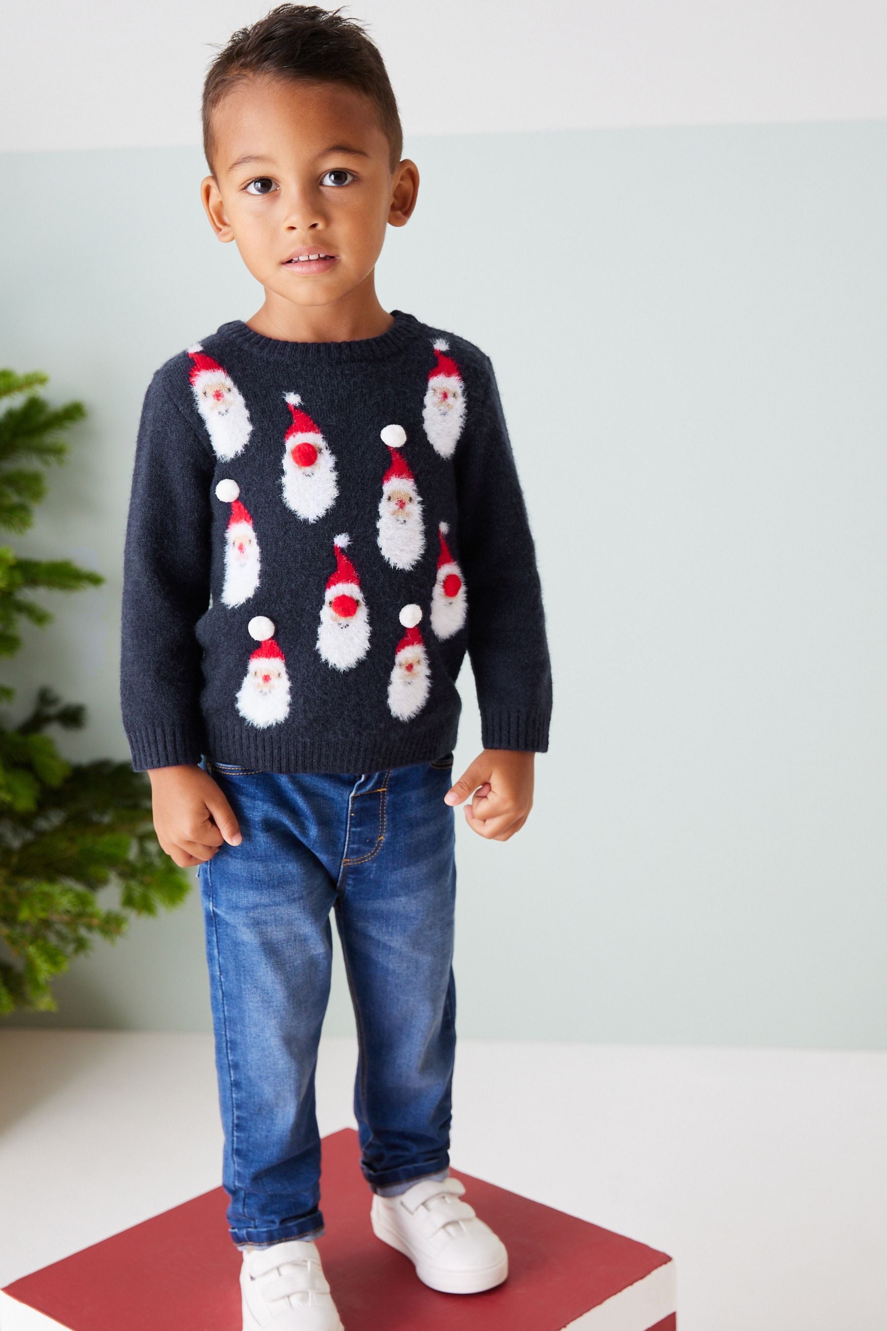 Navy Blue All Over Knitted Santa Jumper (3mths-7yrs)