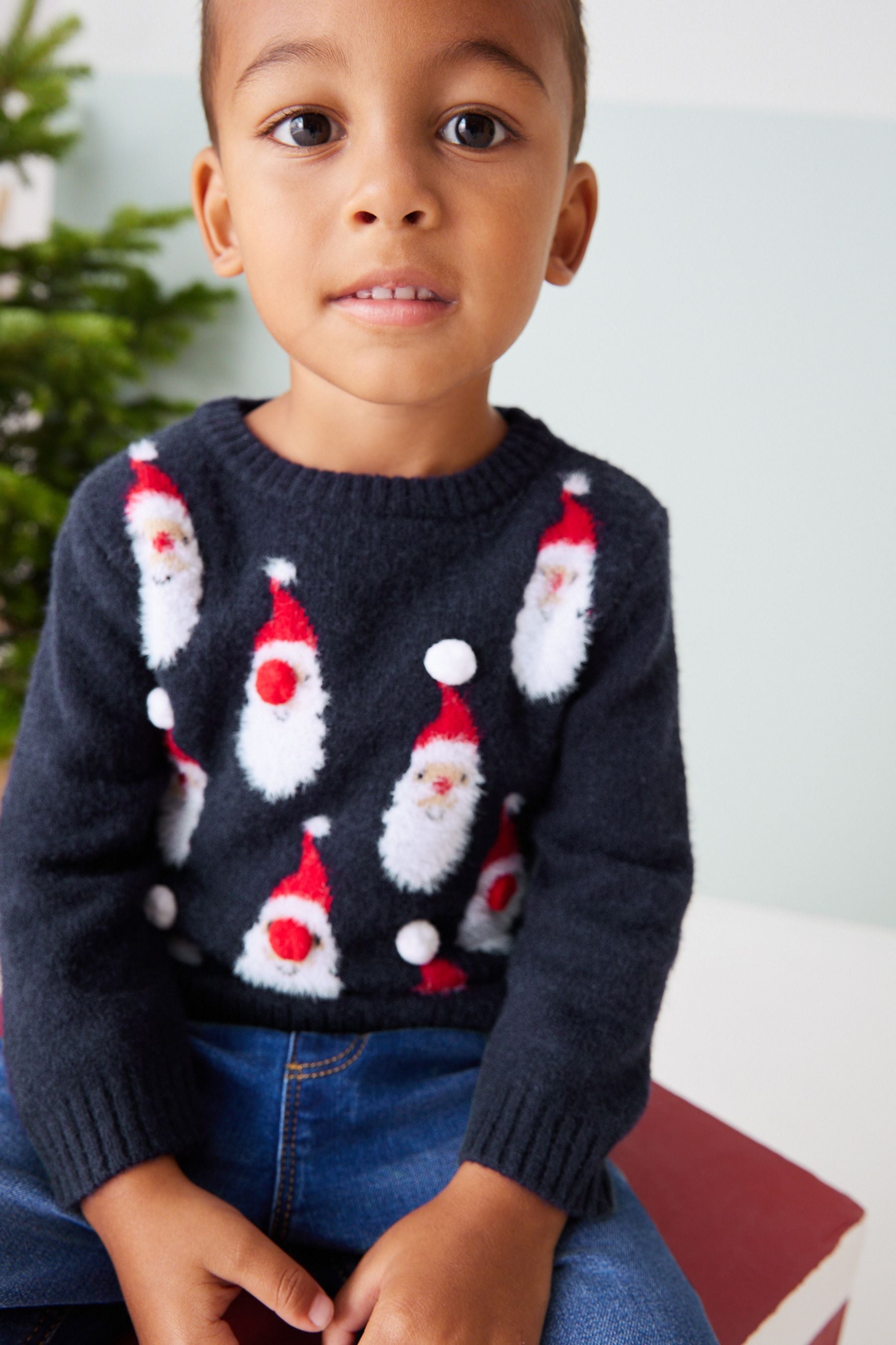 Navy Blue All Over Knitted Santa Jumper (3mths-7yrs)