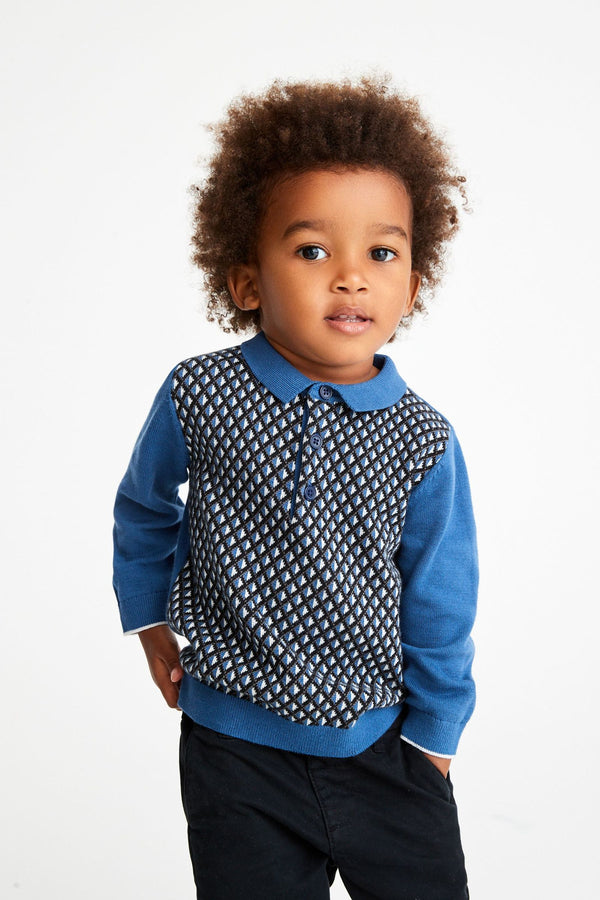 Blue Geo Print Long Sleeve Patterned Polo Shirt (3mths-7yrs)