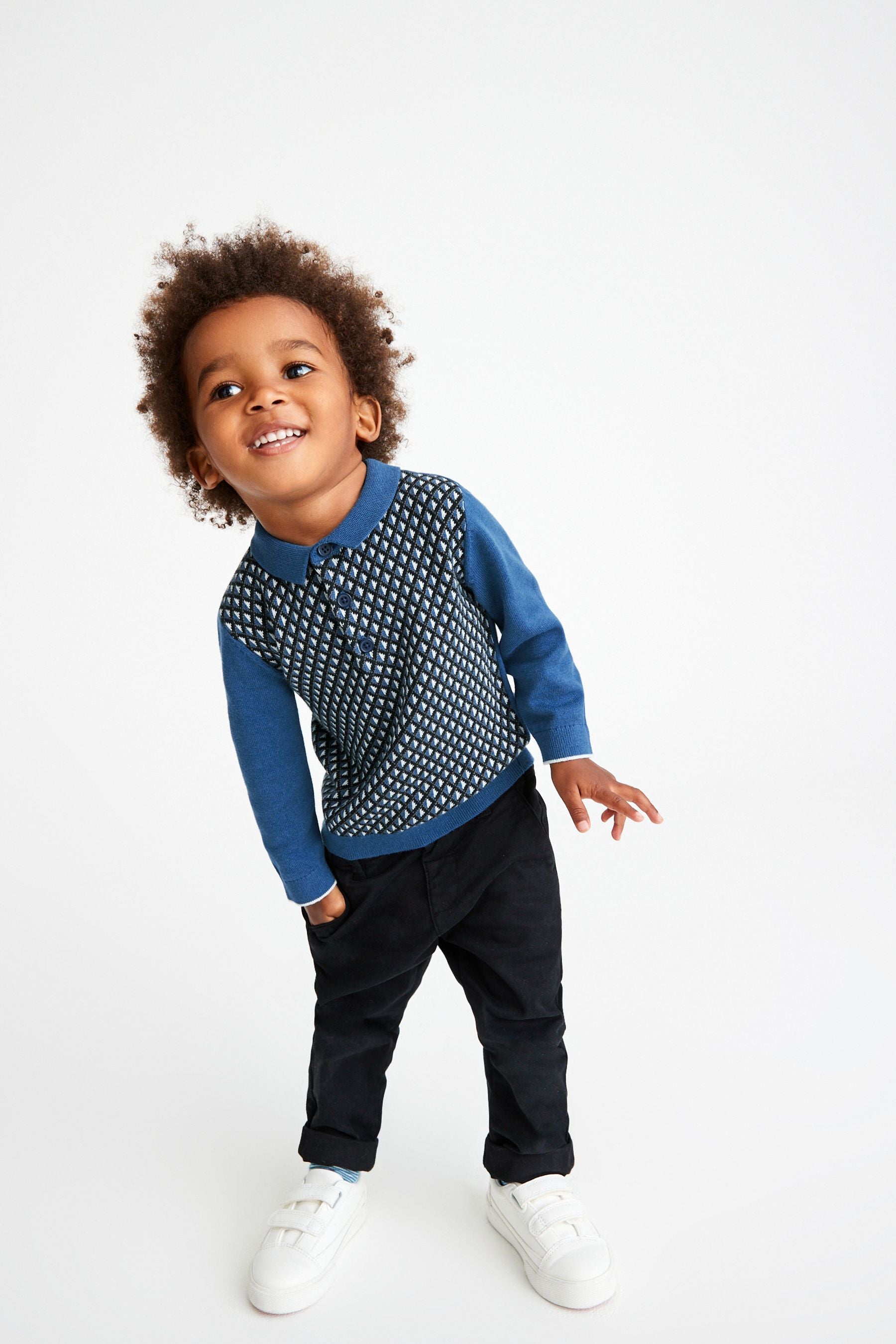 Blue Geo Print Long Sleeve Patterned Polo Shirt (3mths-7yrs)