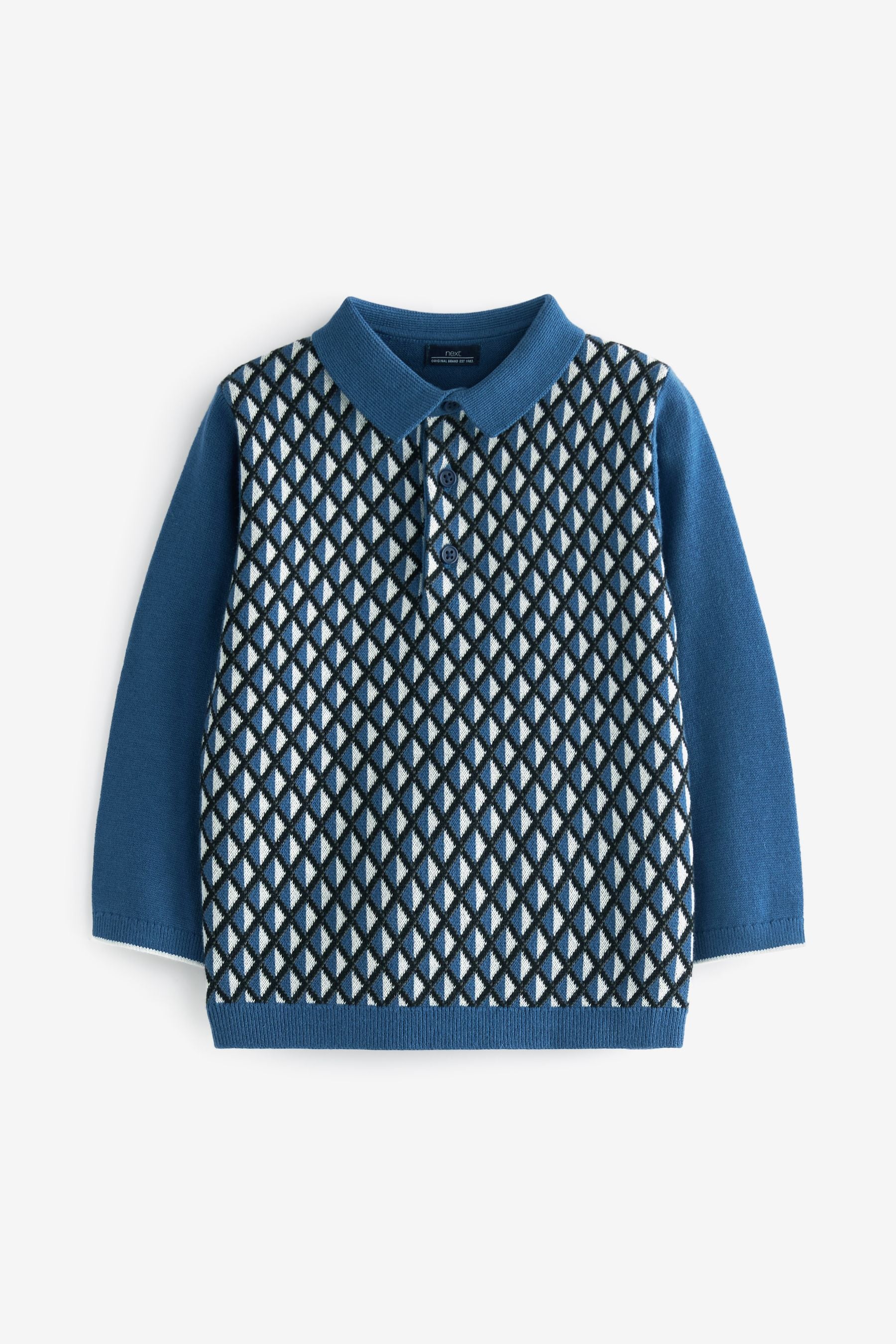 Blue Geo Print Long Sleeve Patterned Polo Shirt (3mths-7yrs)