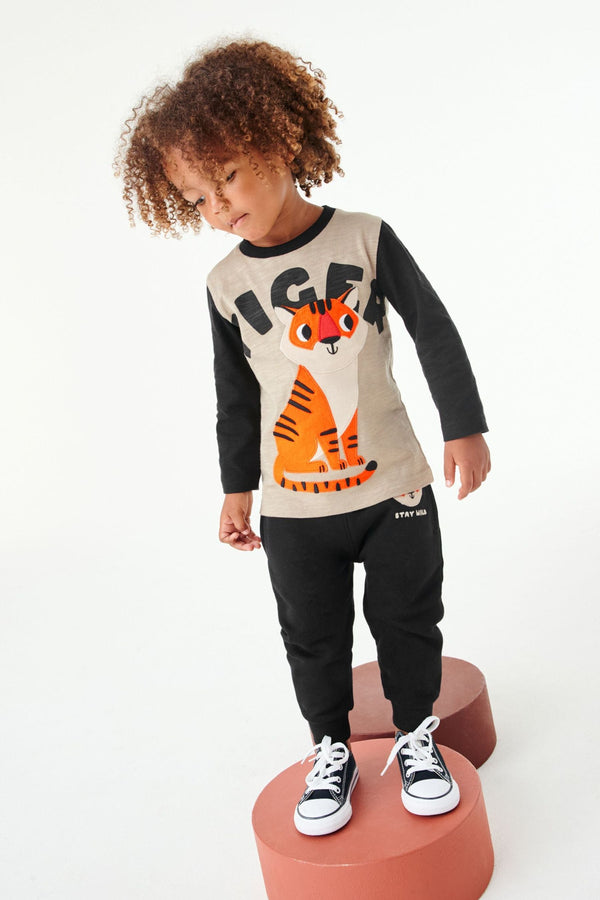 Monochrome Tiger Long Sleeve Appliqu T-Shirt And Joggers Set (3mths-7yr