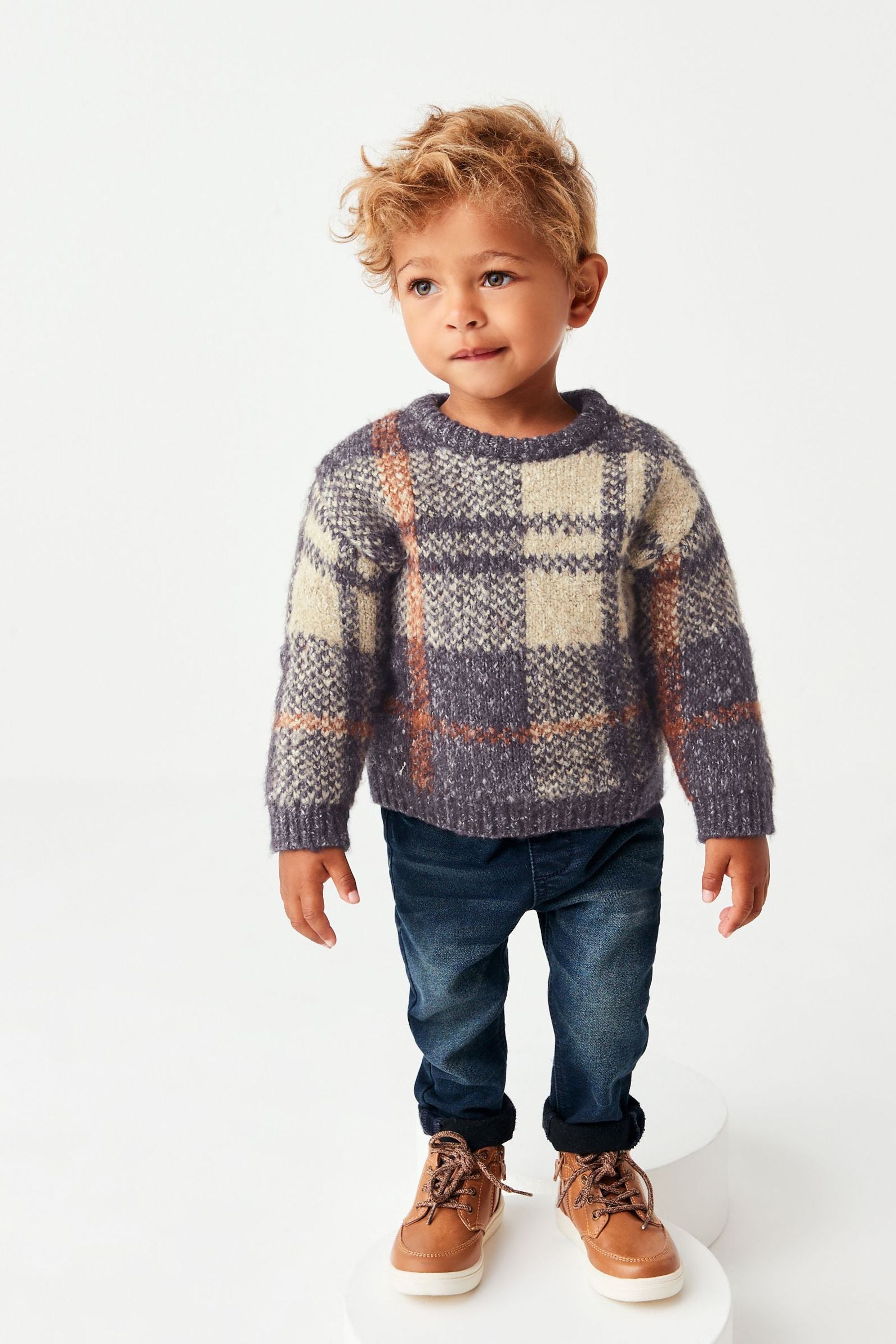 Navy Blue Check Crew Jumper (3mths-7yrs)