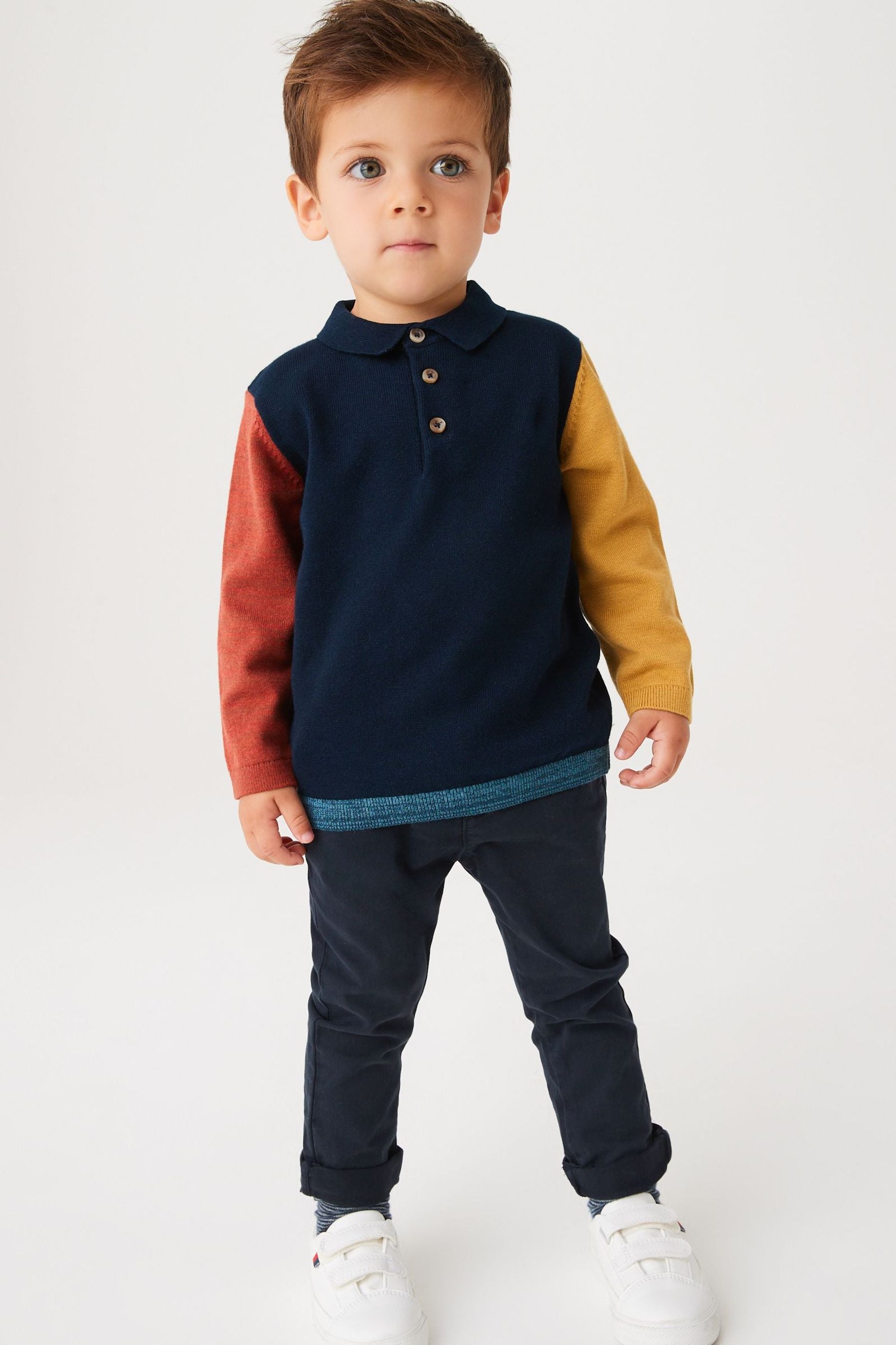 Navy Blue Long Sleeve Colourblock Polo Shirt (3mths-7yrs)