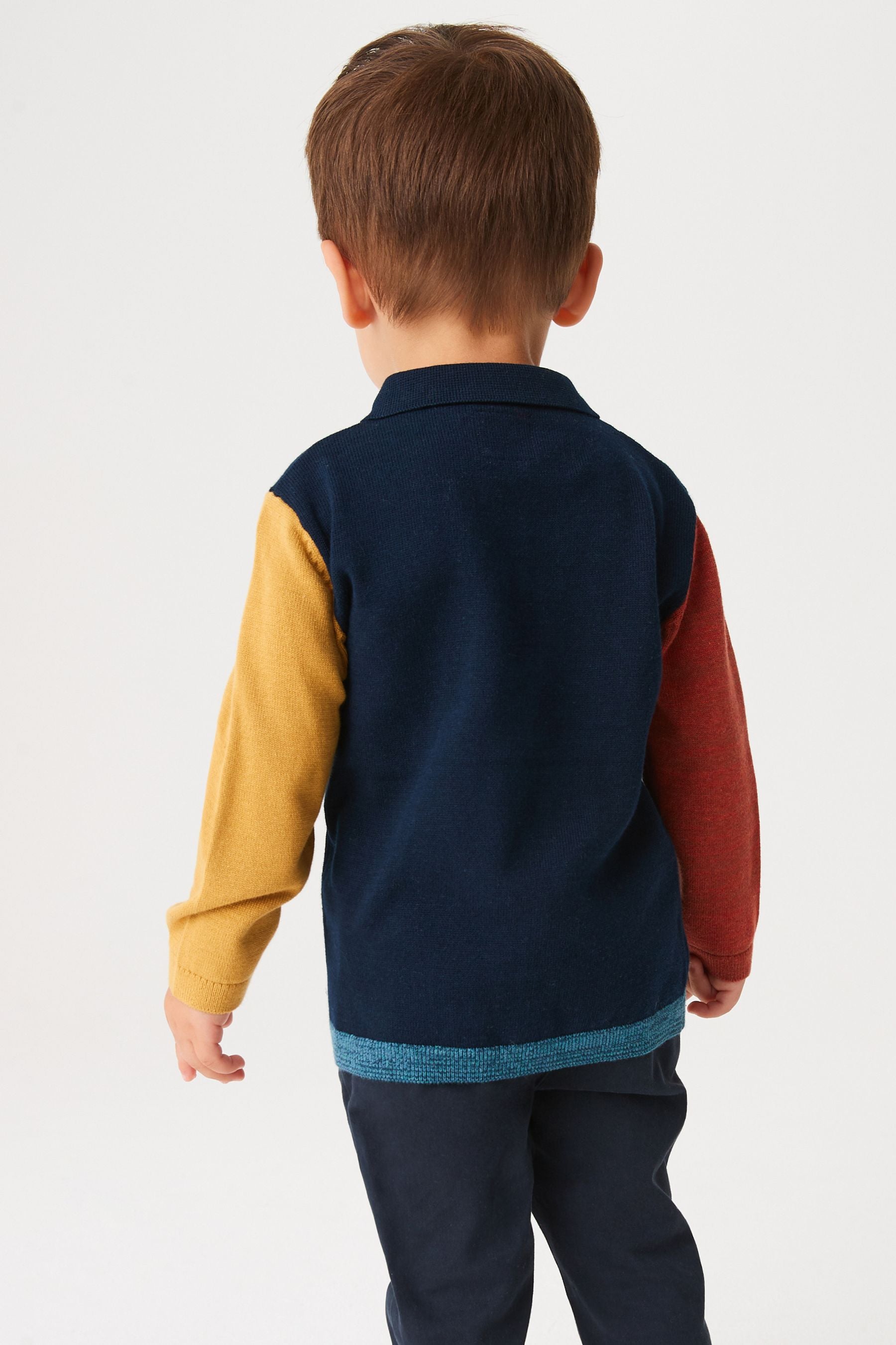 Navy Blue Long Sleeve Colourblock Polo Shirt (3mths-7yrs)