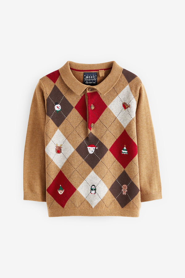 Tan Brown Christmas Knitted Polo Shirt (3mths-7yrs)