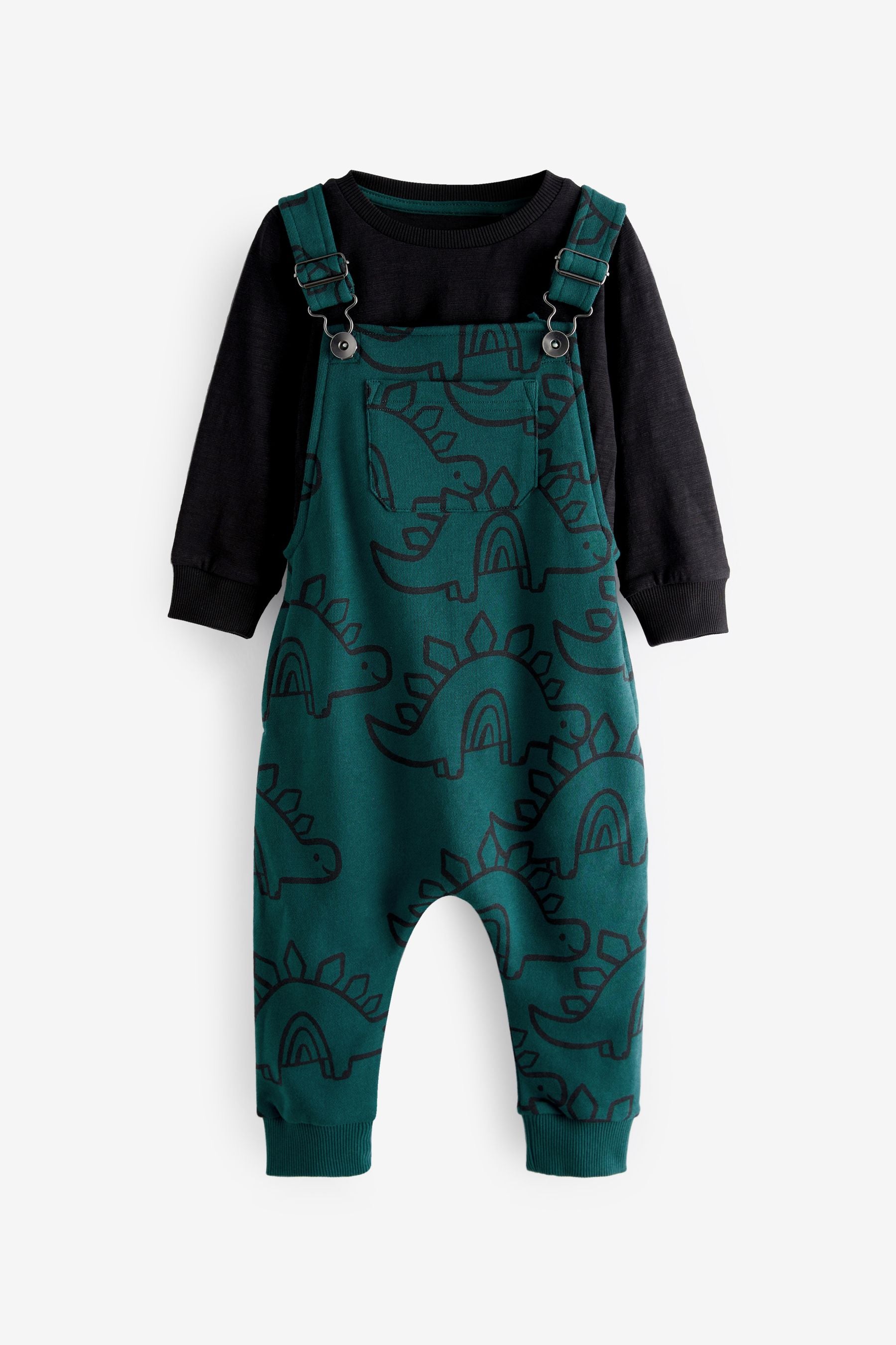 Teal Blue Dino All Over Printed Dungaree And Long Sleeve T-Shirt Set (3mths-7yrs)