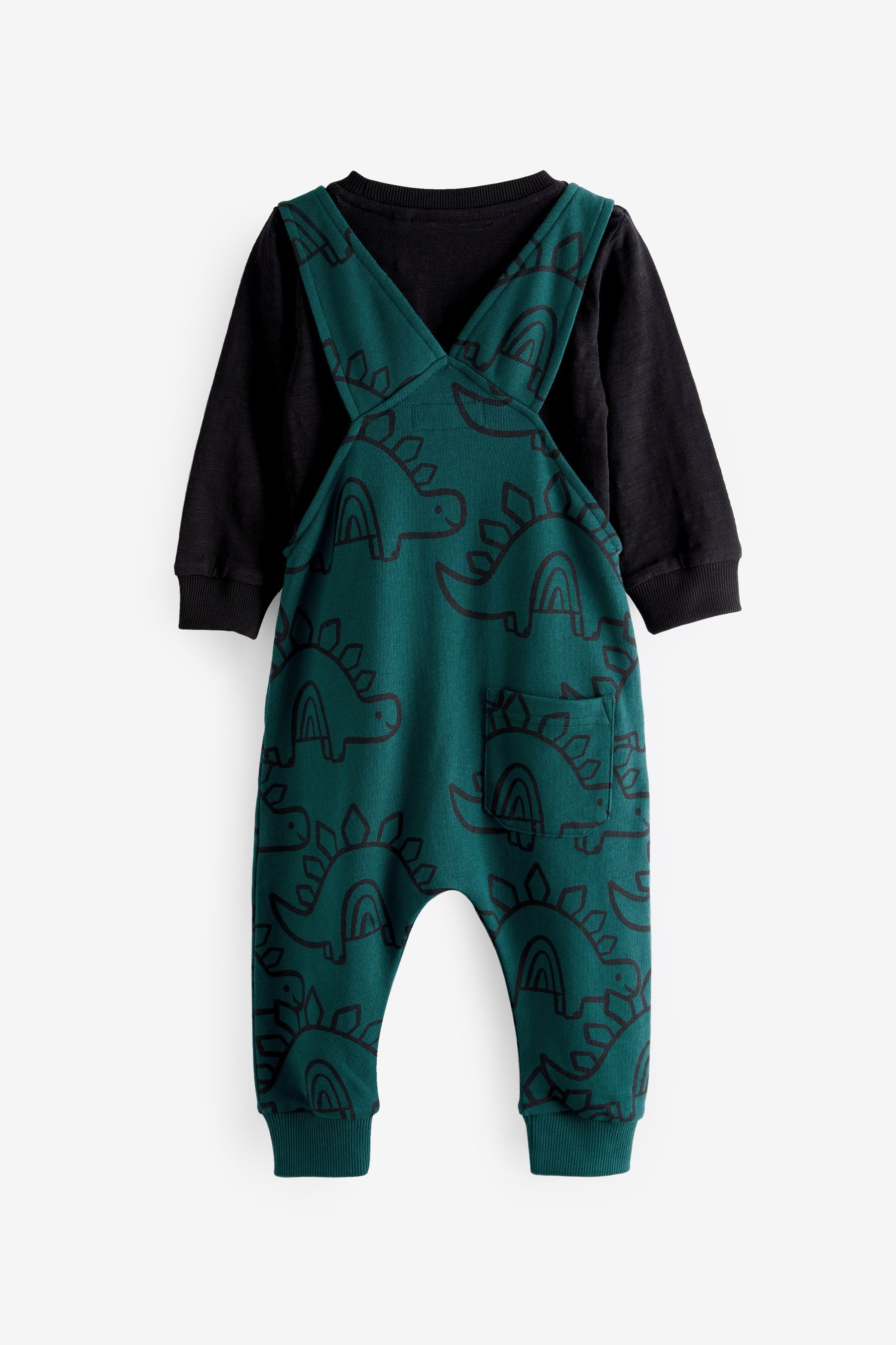 Teal Blue Dino All Over Printed Dungaree And Long Sleeve T-Shirt Set (3mths-7yrs)