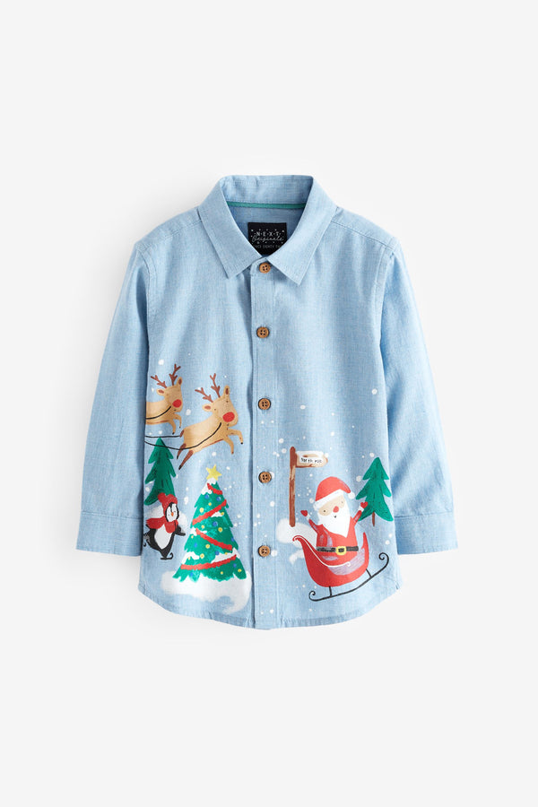 Blue Border Print Long Sleeve Christmas Shirt (3mths-7yrs)