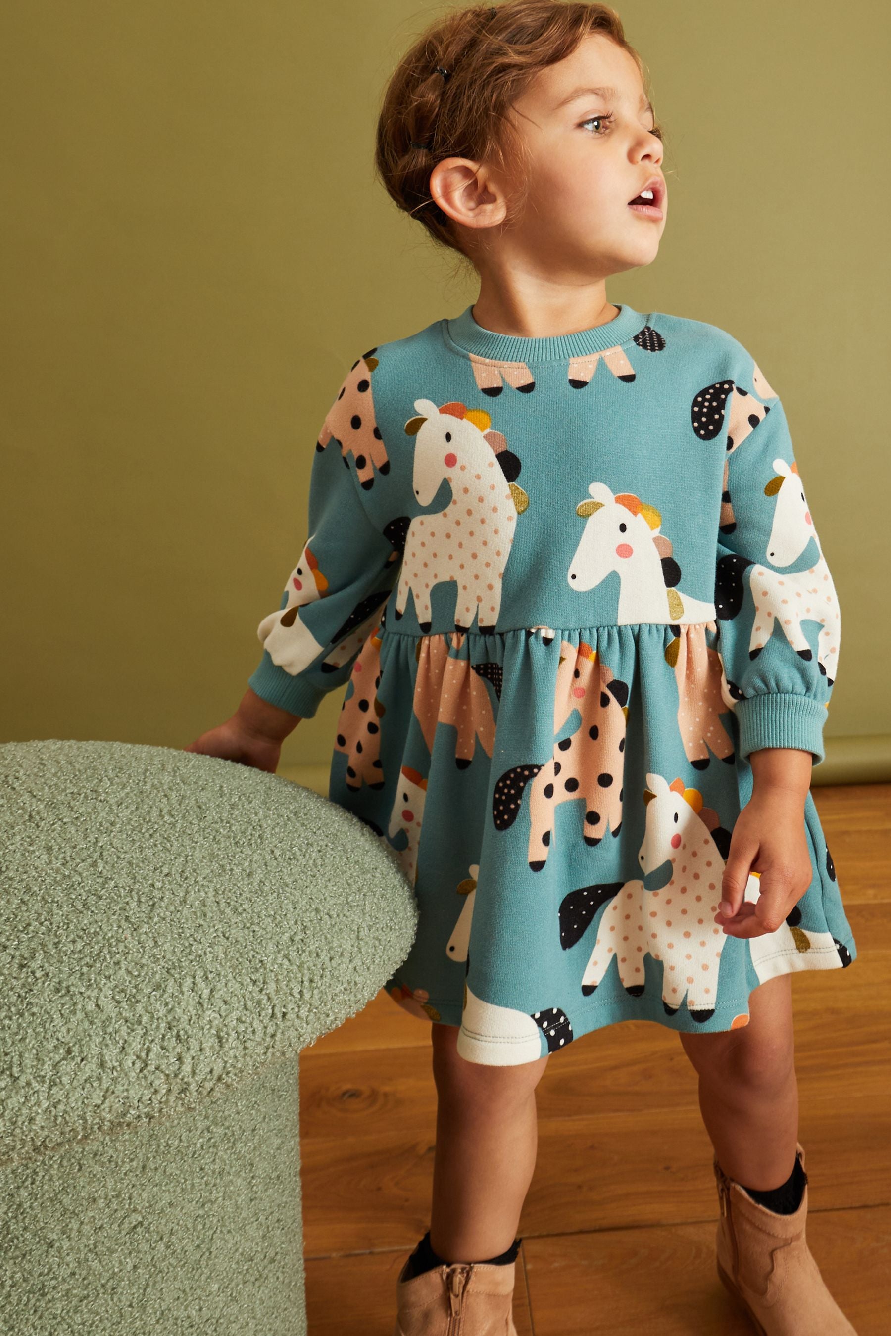 Teal Unicorn Printed Sweat Dress (3mths-7yrs)