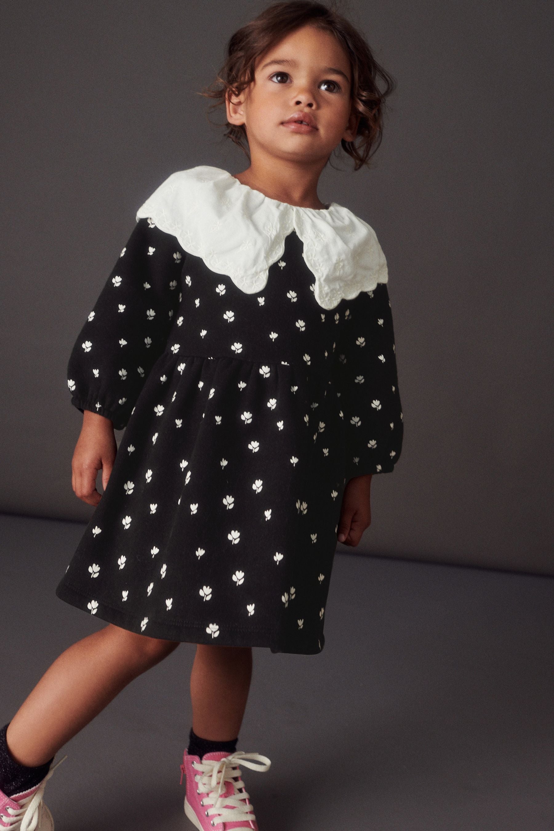 Black/White Broderie Collared Sweat Dress (3mths-7yrs)