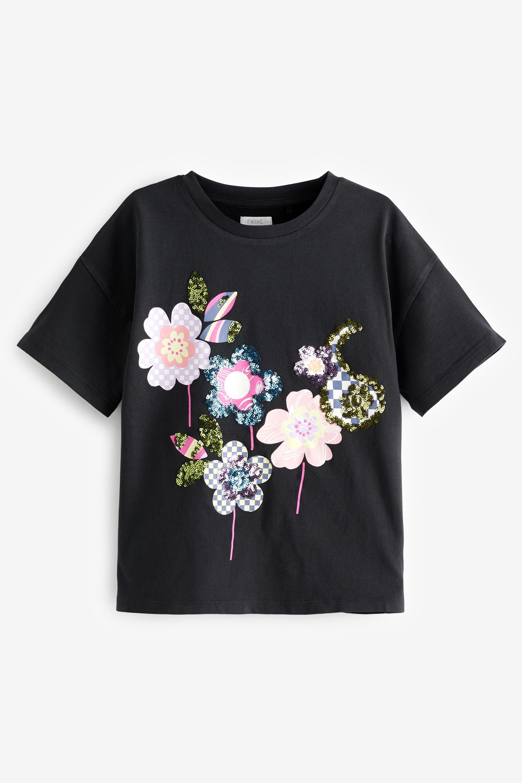 Black Check Flower Graphic T-Shirt (3-16yrs)