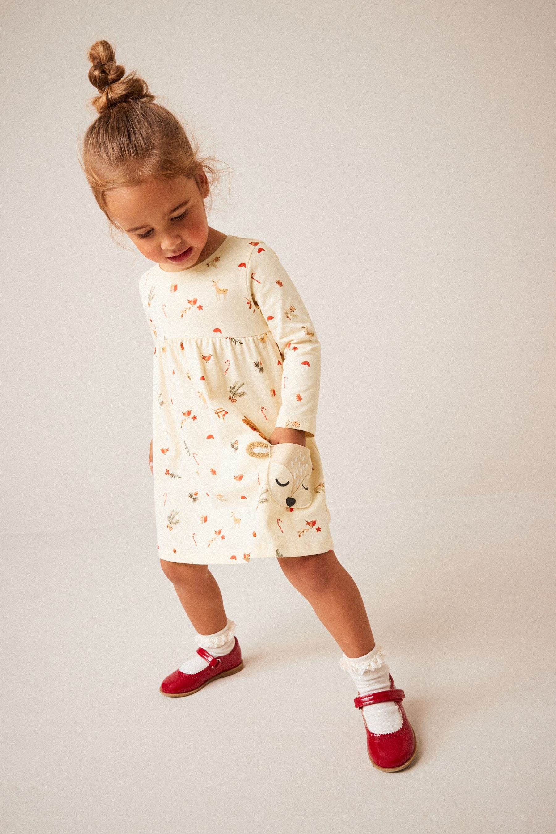 Reindeer Pocket Christmas Long Sleeve Jersey Dress (3mths-7yrs)