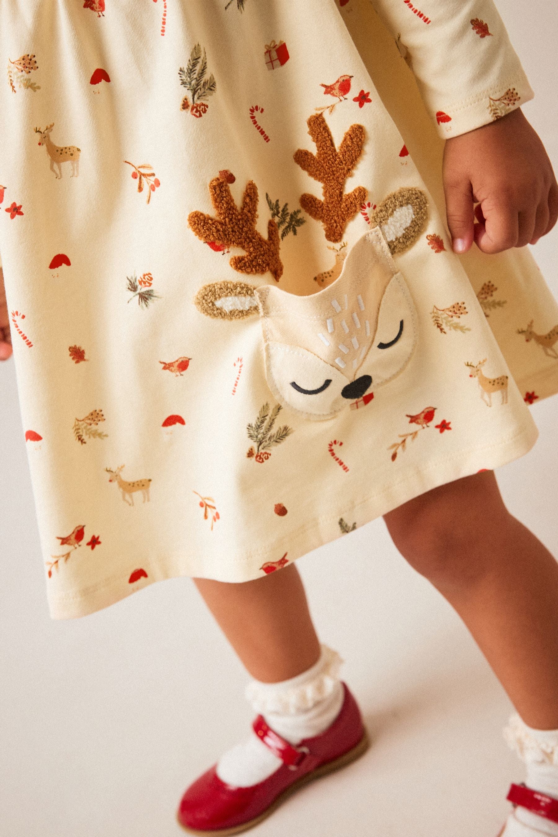 Reindeer Pocket Christmas Long Sleeve Jersey Dress (3mths-7yrs)