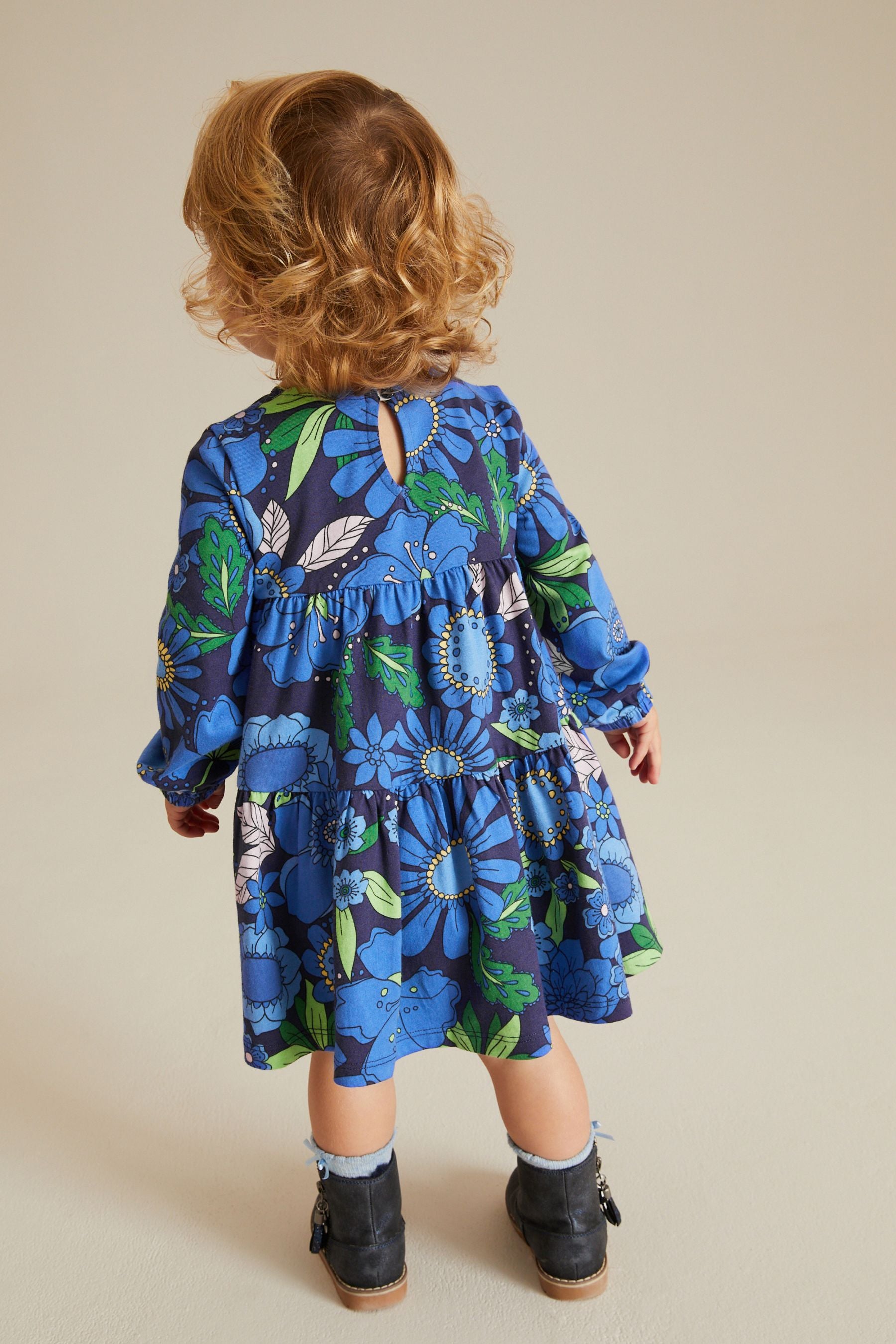 Bright Blue Floral Long Sleeve Jersey Dress (3mths-7yrs)