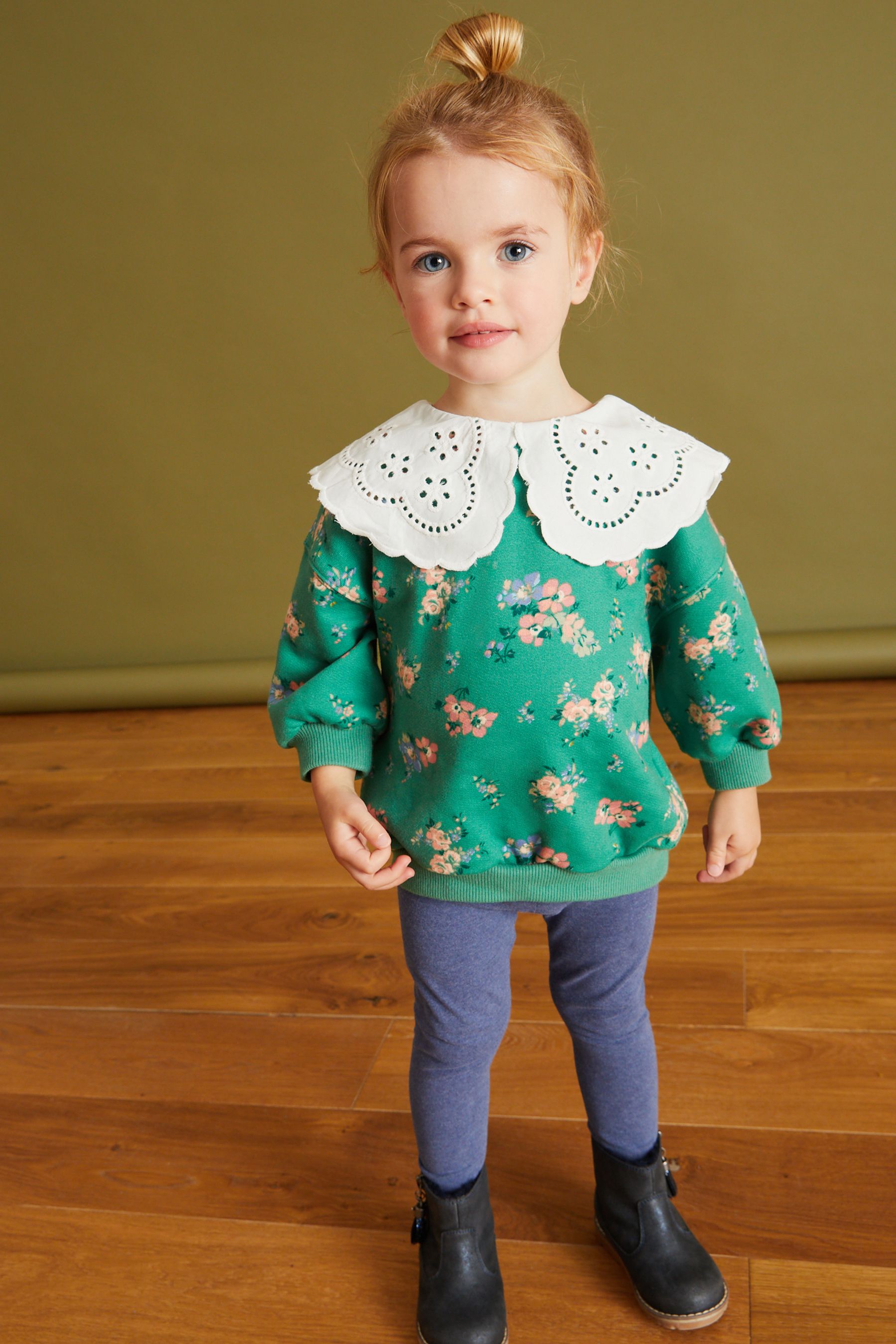 Green Floral Collared Sweatshirt and Leggings Set (3mths-7yrs)