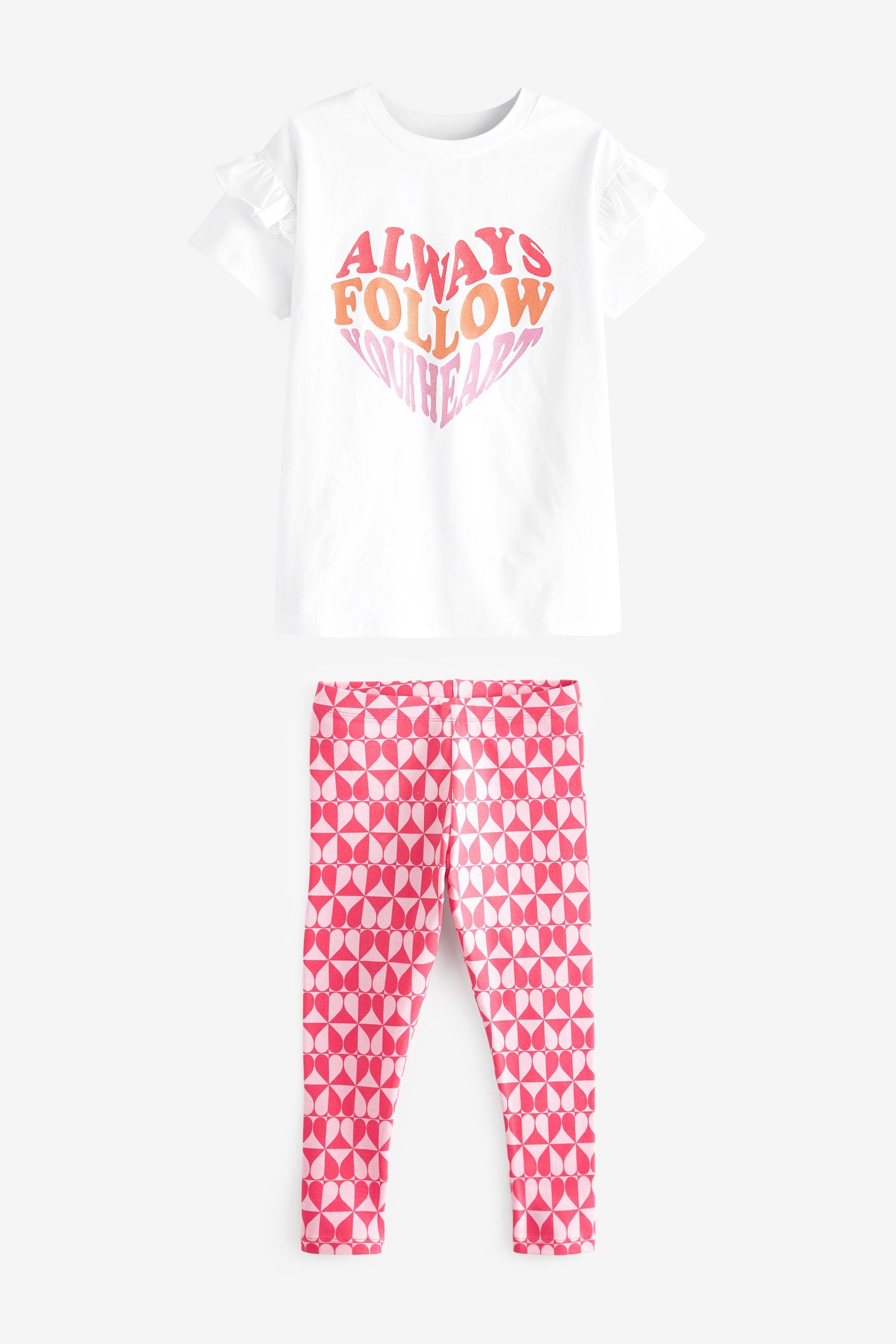 White/Pink Glitter Heart T-Shirt And Leggings Set (3-16yrs)